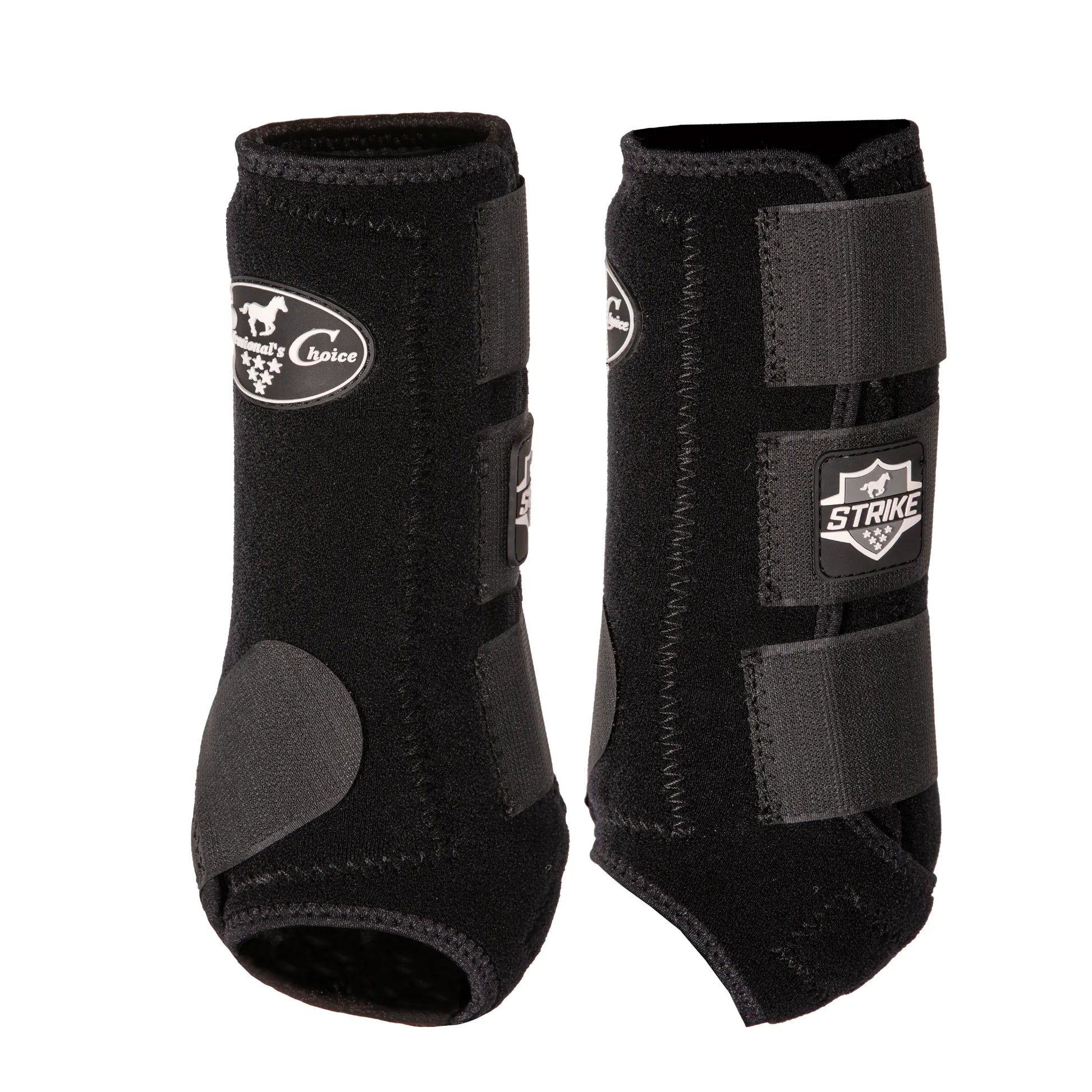 Black Professional's Choice Strike Sports Medicine Horse Boots designed for superior impact protection and leg support. This pair features a contoured neoprene fit, three adjustable hook-and-loop straps for security, and a reinforced strike patch to prevent interference injuries. Perfect for performance horses, these durable equestrian leg boots offer a secure fit for training and competition in a sleek black finish.