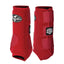 Professional's Choice Strike Sports Medicine Horse Boots in vibrant red. These protective equine leg boots feature durable neoprene material, reinforced impact strike pads, and three secure hook-and-loop closures for a custom fit. Includes the Professional's Choice and Strike logos. Designed for maximum leg support and impact protection during riding, training, or exercise. High-performance horse gear for equestrian athletes.
