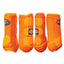 Professional's Choice Strike Sports Medicine Horse Boots in vibrant orange. This 4-pack set features durable neoprene construction, three secure Velcro straps, and a contoured design for impact protection and leg support. Includes front and hind boots with reinforced strike pads and the Professional's Choice logo. Perfect for equestrians seeking high-visibility, high-performance horse leg protection during training, jumping, or daily riding.