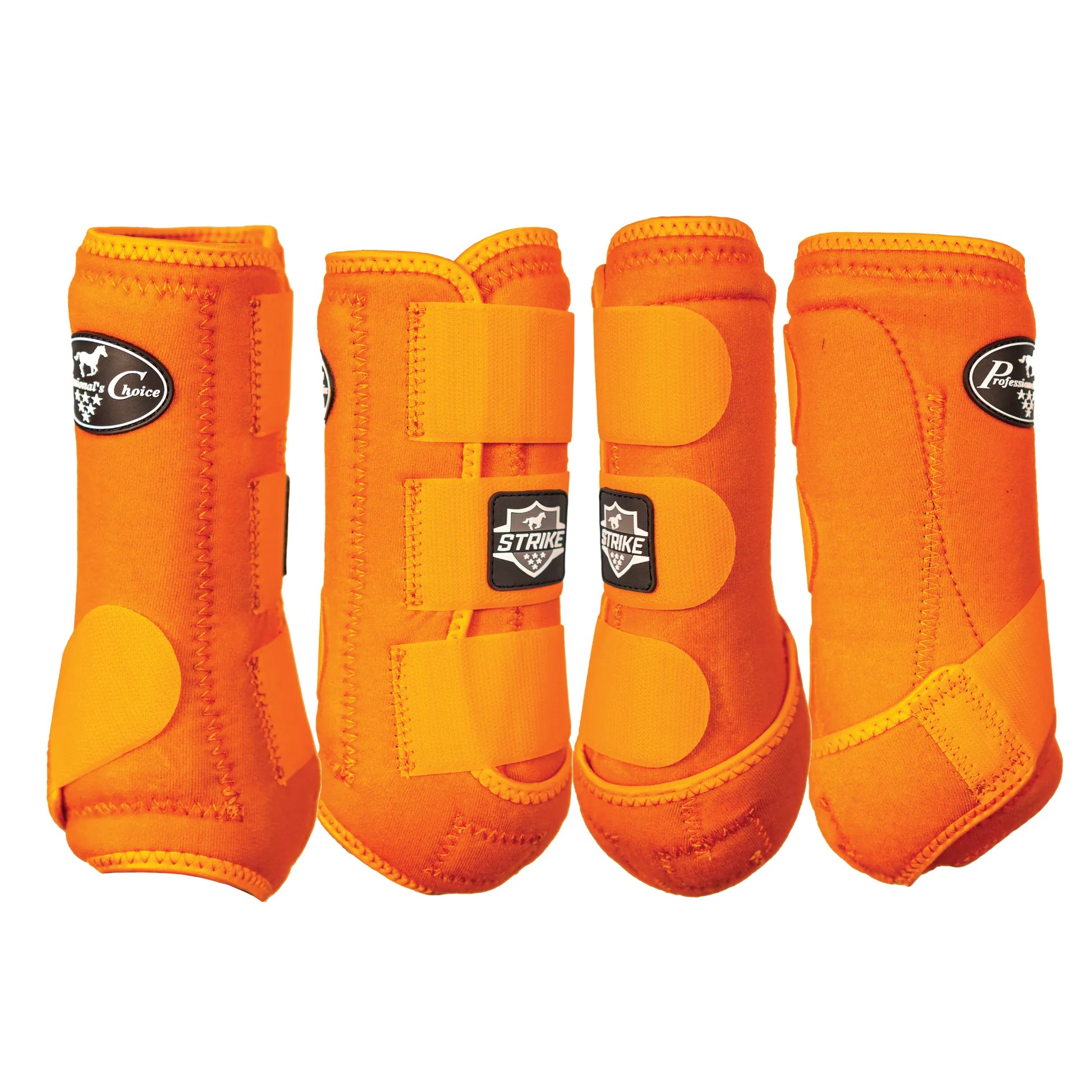 Professional's Choice Strike Sports Medicine Horse Boots in vibrant orange. This 4-pack set features durable neoprene construction, three secure Velcro straps, and a contoured design for impact protection and leg support. Includes front and hind boots with reinforced strike pads and the Professional's Choice logo. Perfect for equestrians seeking high-visibility, high-performance horse leg protection during training, jumping, or daily riding.