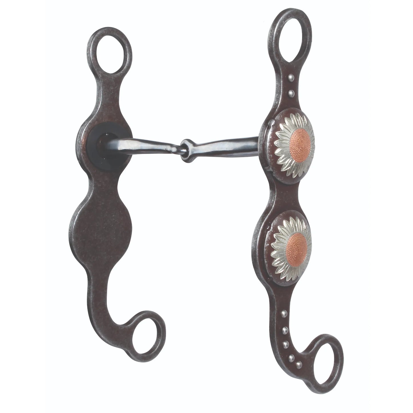 Professional's Choice sunflower snaffle horse bit featuring a 5-inch jointed mouthpiece and 8-inch rusted steel shanks. The decorative western cheeks are adorned with intricate silver and copper sunflower conchos and silver bead accents, offering a vintage rustic look. Ideal for riders seeking both style and functionality in high-quality western tack and equestrian equipment.