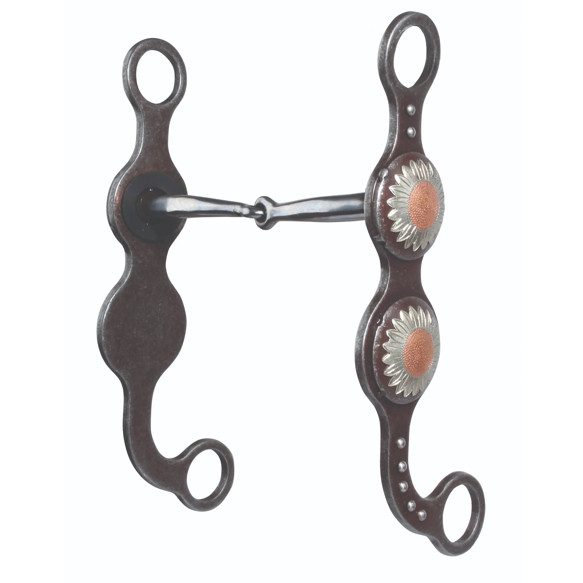 Professional's Choice sunflower snaffle horse bit featuring a 5-inch jointed mouthpiece and 8-inch rusted steel shanks. The decorative western cheeks are adorned with intricate silver and copper sunflower conchos and silver bead accents, offering a vintage rustic look. Ideal for riders seeking both style and functionality in high-quality western tack and equestrian equipment.