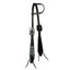 Professional's Choice Swell Cheek Paisley One-Ear Headstall crafted from premium black Latigo leather. Features a stylish black and white paisley floral overlay on the ear loop and swell cheeks, accented by white contrast stitching. Finished with ornate silver engraved buckles and black lace ties at the bit. This high-quality Western horse tack combines durability with an elegant, custom look perfect for horse shows or daily riding.
