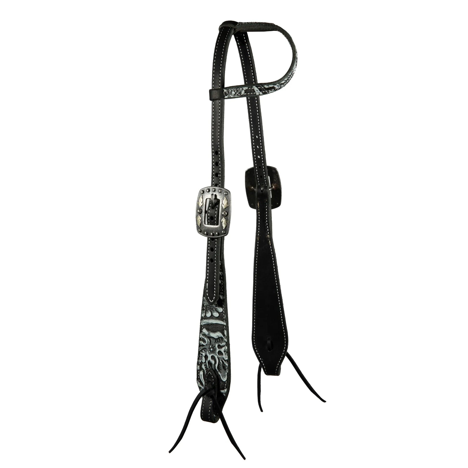 Professional's Choice Swell Cheek Paisley One-Ear Headstall crafted from premium black Latigo leather. Features a stylish black and white paisley floral overlay on the ear loop and swell cheeks, accented by white contrast stitching. Finished with ornate silver engraved buckles and black lace ties at the bit. This high-quality Western horse tack combines durability with an elegant, custom look perfect for horse shows or daily riding.