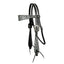 Professional's Choice Swell Cheek Paisley Headstall in black latigo leather. Features a stunning black and white floral paisley overlay on the browband and cheeks, complemented by ornate silver buckles. Designed with black lace ties at the bit ends for a classic western look. This high-quality horse bridle combines elegance and durability, making it a perfect choice for western horse show tack or everyday riding gear.