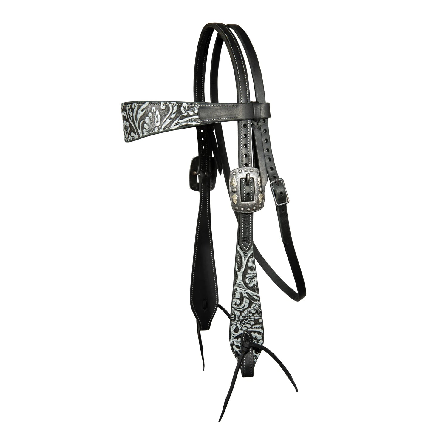 Professional's Choice Swell Cheek Paisley Headstall in black latigo leather. Features a stunning black and white floral paisley overlay on the browband and cheeks, complemented by ornate silver buckles. Designed with black lace ties at the bit ends for a classic western look. This high-quality horse bridle combines elegance and durability, making it a perfect choice for western horse show tack or everyday riding gear.