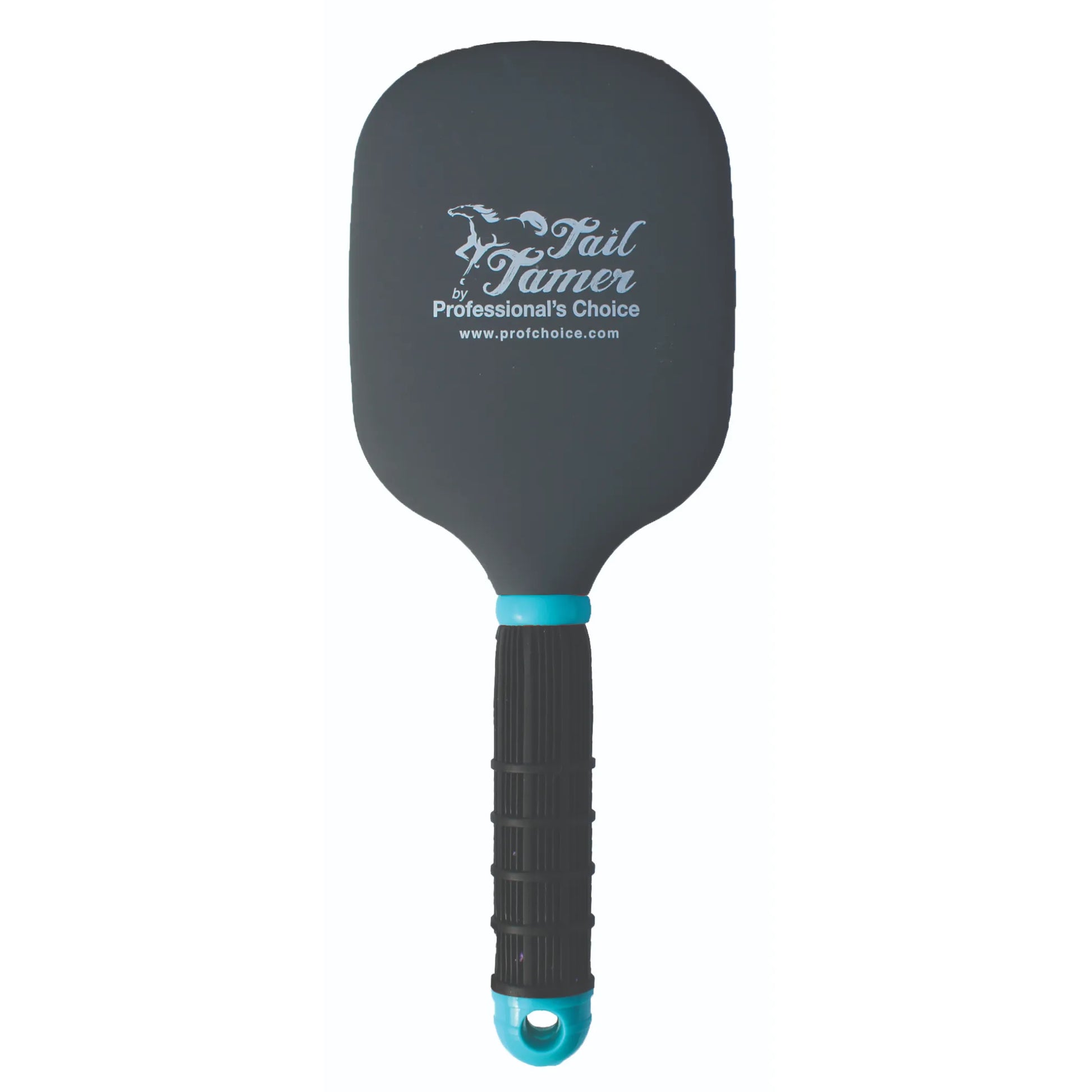 Professional's Choice Tail Tamer Mod Paddle Brush for horse grooming. This equestrian mane and tail brush features a wide charcoal grey paddle head with a white logo. The ergonomic black handle has a ribbed comfort grip and vibrant teal blue accents at the neck and base. Durable and lightweight tool designed for efficient detangling and smoothing.