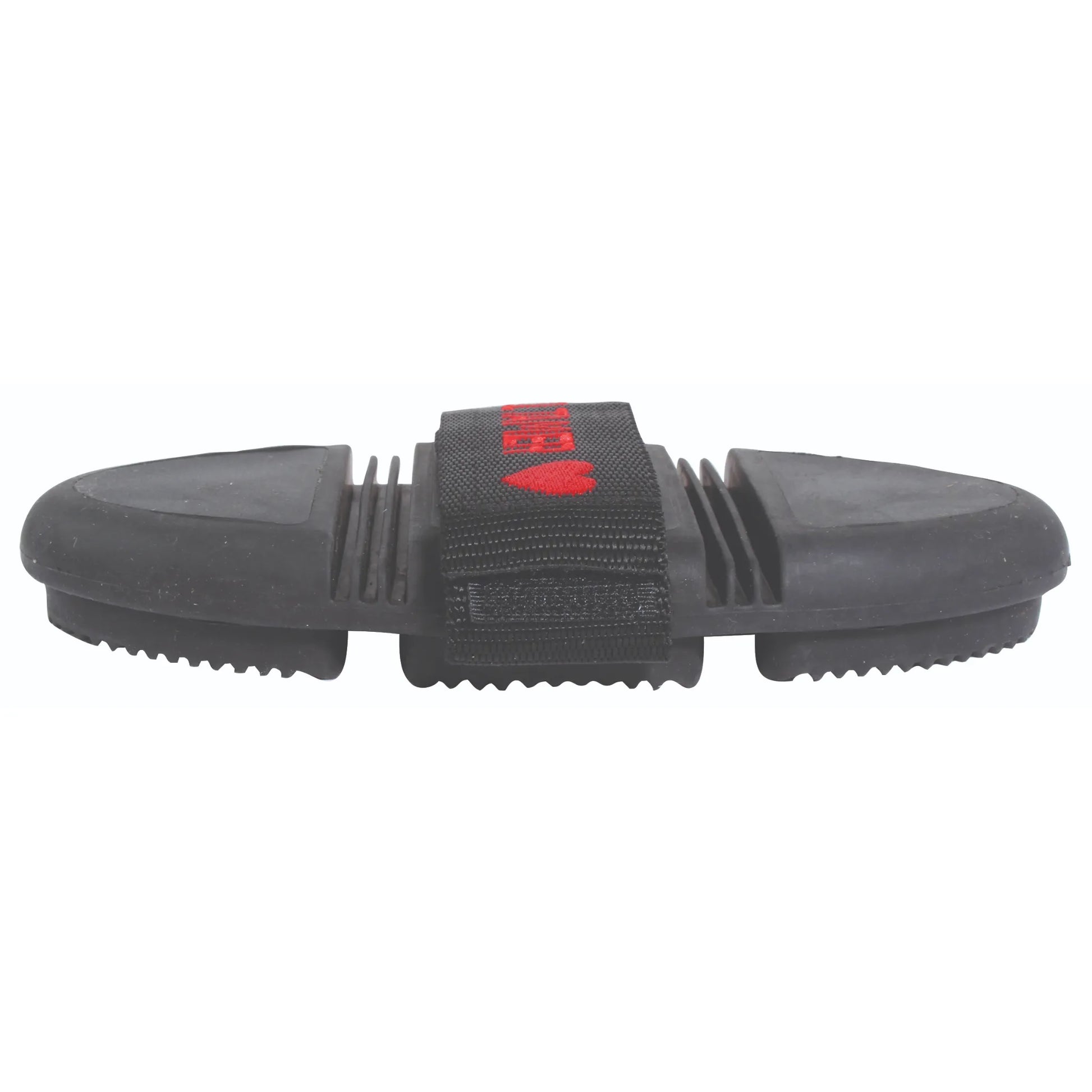 Professional's Choice Tail Tamer Soft Touch Flex Curry horse grooming brush in black. This flexible, ergonomic rubber curry comb features a segmented design for contouring to the horse's body and a durable black hand strap with a signature red heart logo. Ideal for gentle cleaning, massaging, and removing dirt or loose hair, this professional equine grooming tool is a must-have for daily horse care and stable maintenance.
