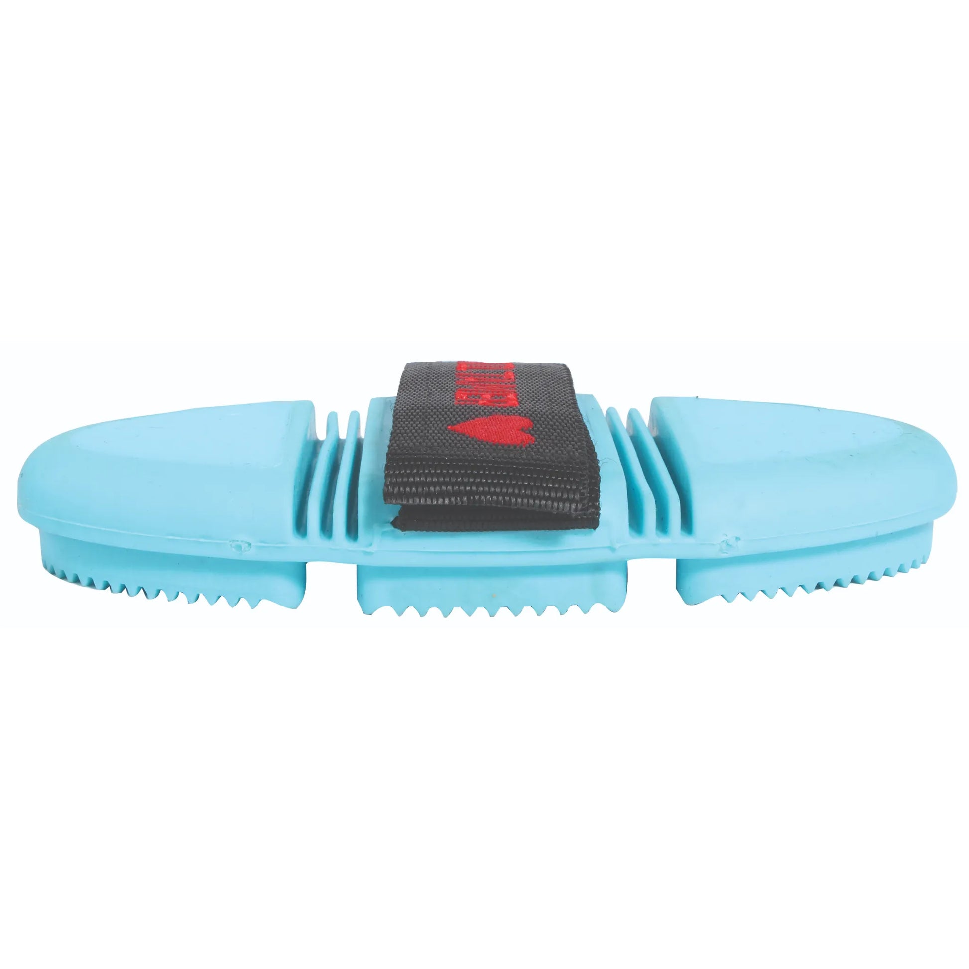 Professional's Choice Tail Tamer Soft Touch Flex Curry in light blue. This flexible horse grooming brush features a segmented rubber design with soft-touch grooming teeth for cleaning and massaging. A black adjustable hand strap with a red heart logo ensures a comfortable grip. Perfect for removing dirt and loose hair, this ergonomic curry comb is an essential addition to any equine grooming kit for a shiny, healthy coat.