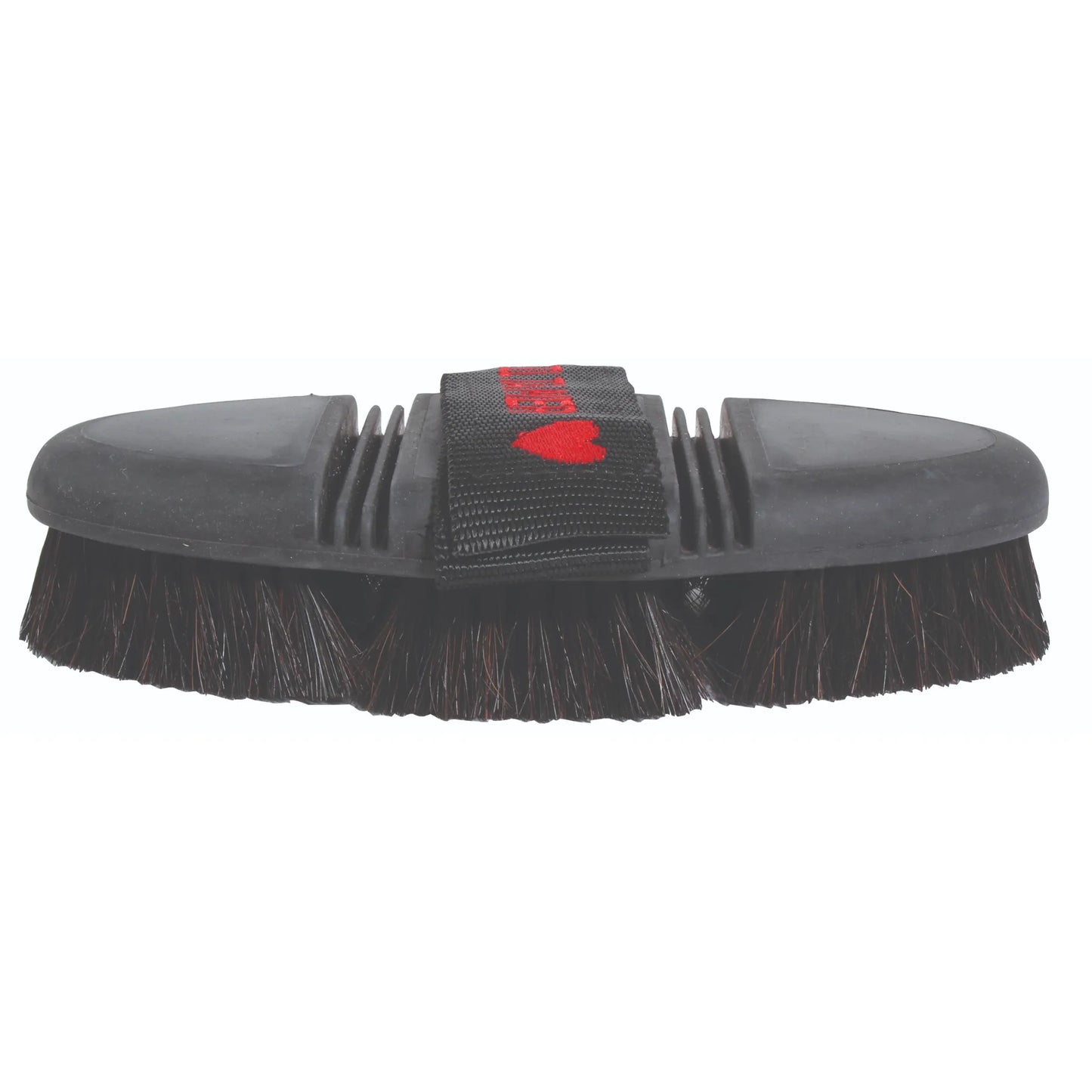 Professional's Choice Tail Tamer Soft Touch Flex Horse Hair Brush featuring a black flexible, articulated back for ergonomic horse grooming. This high-quality equestrian tool has soft, natural dark horse hair bristles for a shiny coat. A black nylon hand strap with a red heart logo provides a secure grip. Ideal for sensitive horses, the flexible design contours to the body, making it a must-have addition to any equestrian's grooming kit.