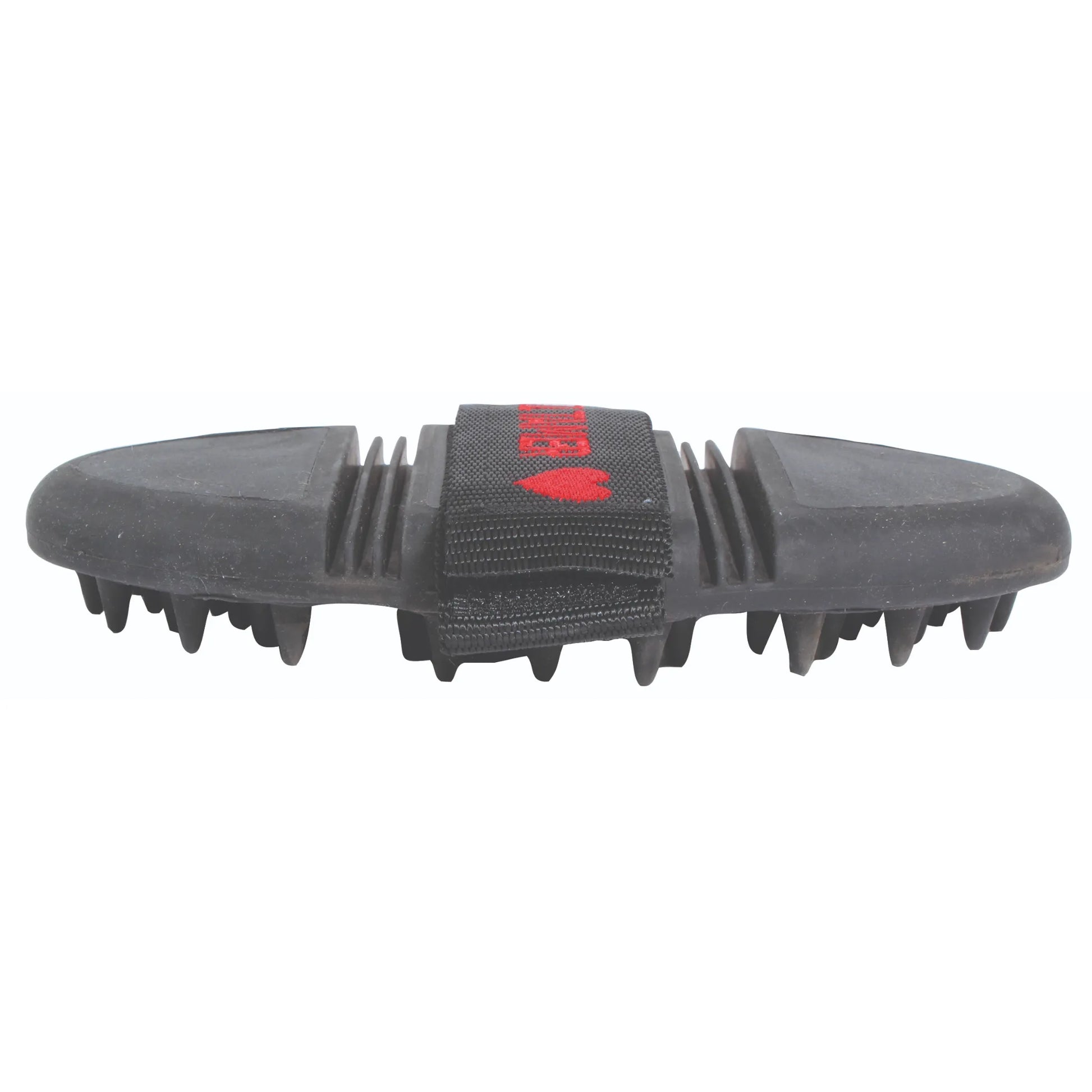 Professional's Choice Tail Tamer Soft Touch Flex Massager in black. This flexible equine grooming and massage tool features rows of soft, rubberized nubs designed to contour to a horse's muscles for deep cleaning and relaxation. Includes a secure black hand strap detailed with a red heart and "Tail Tamer" logo. Ideal for sensitive horses, shedding, and post-workout muscle recovery.