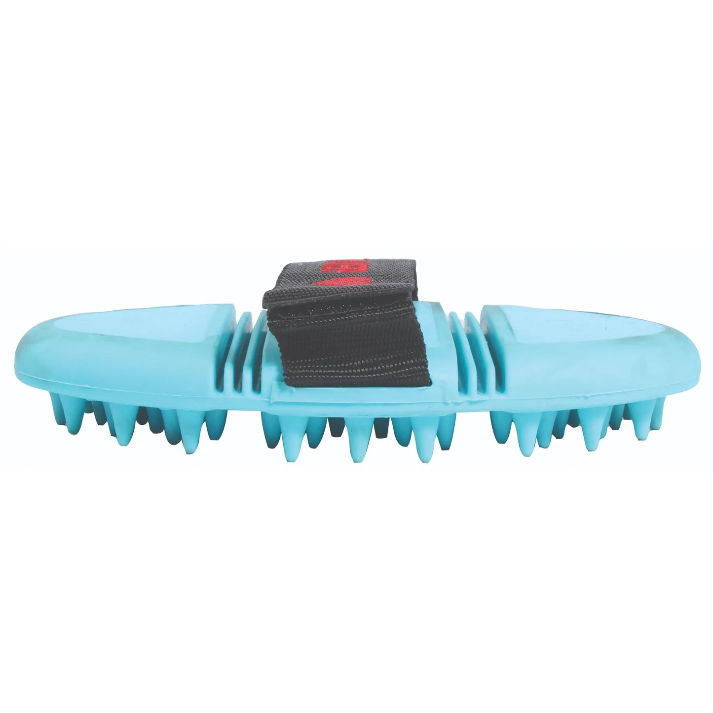 Professional's Choice Tail Tamer Soft Touch Flex Massager in turquoise, featuring soft rubber bristles and a segmented, flexible body designed to contour to a horse's muscles. This essential equine grooming tool includes an adjustable black hand strap for a secure grip, making it perfect for deep tissue massage and shedding. A must-have for any horse owner's grooming kit to promote relaxation and coat health.