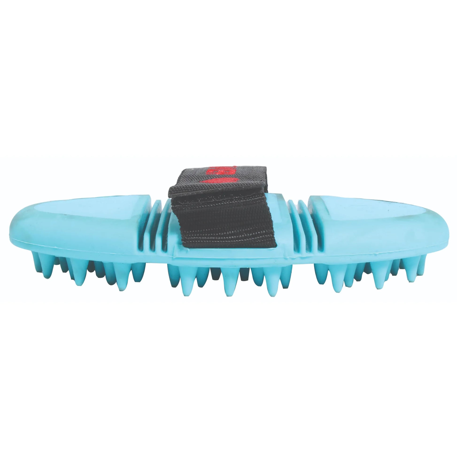 Professional's Choice Tail Tamer Soft Touch Flex Massager in turquoise, featuring soft rubber bristles and a segmented, flexible body designed to contour to a horse's muscles. This essential equine grooming tool includes an adjustable black hand strap for a secure grip, making it perfect for deep tissue massage and shedding. A must-have for any horse owner's grooming kit to promote relaxation and coat health.