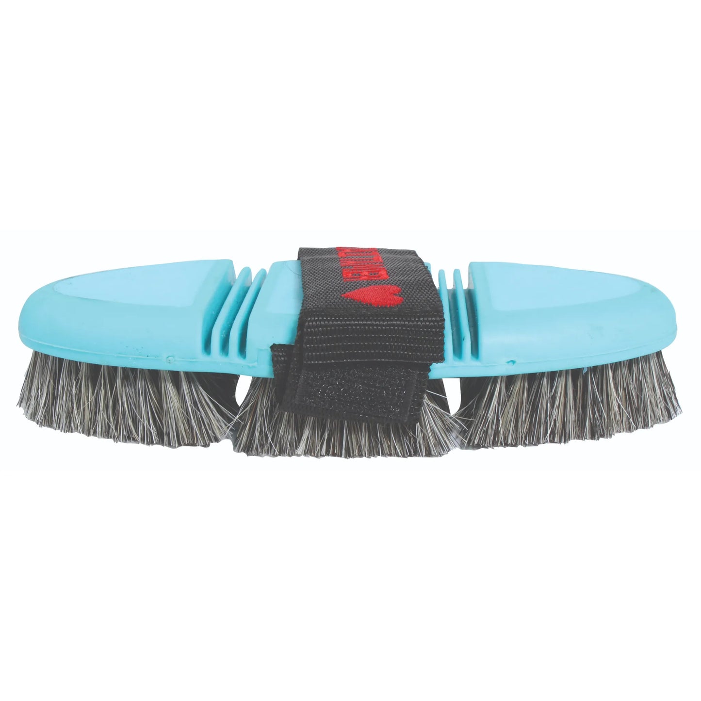 Professional's Choice Tail Tamer Soft Touch Flex Pig Bristle Brush in vibrant turquoise. This flexible horse grooming brush features a three-section hinged design for an ergonomic fit against the animal's body. Soft grey natural pig bristles efficiently remove dust and dirt while adding shine to the coat. A comfortable black hand strap with a red heart detail ensures a secure grip. Perfect for equestrian grooming kits and achieving a professional finish on your horse.