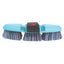 Professional's Choice Tail Tamer Soft Touch Flex Synthetic horse grooming brush in light blue. Features a flexible, three-section ergonomic design that contours to the horse's body and soft, multicolored synthetic bristles in blue, pink, and black. Includes a black nylon hand strap with red detailing for a comfortable grip. A durable and stylish equestrian grooming tool perfect for sensitive areas and daily coat care.