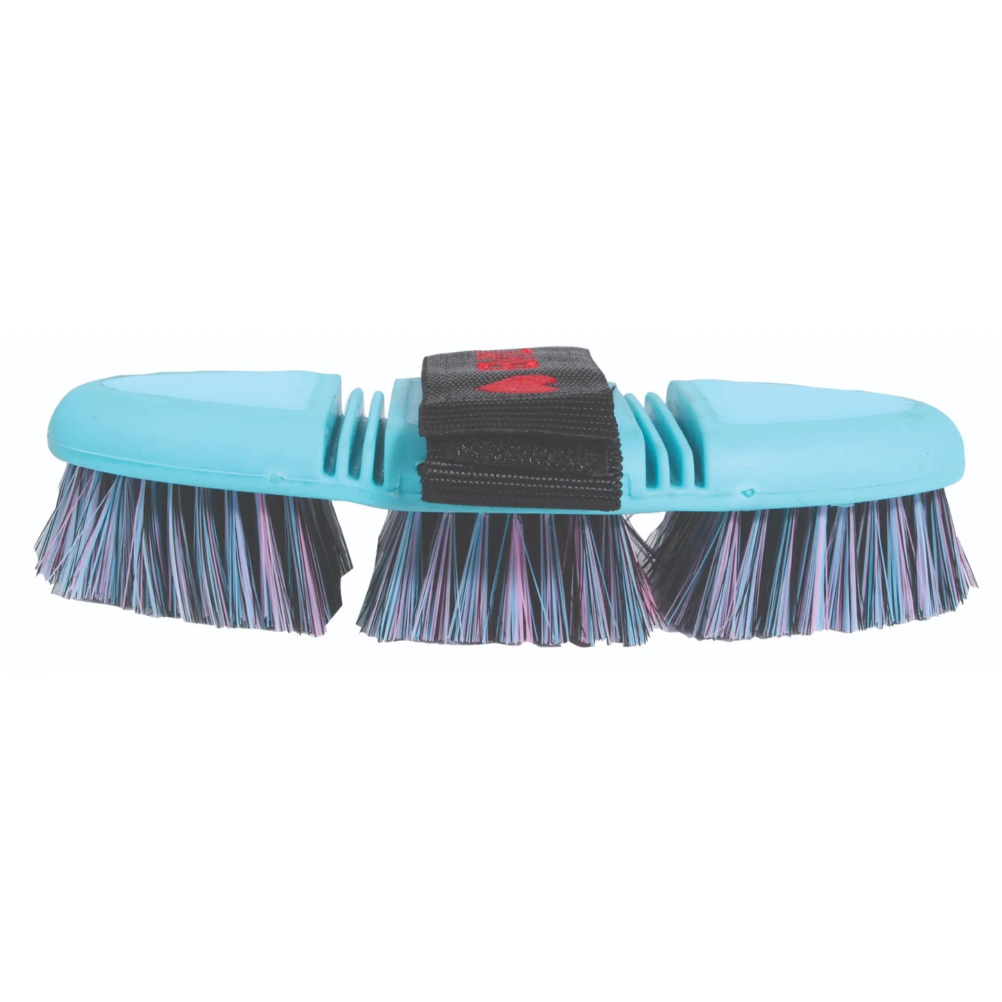 Professional's Choice Tail Tamer Soft Touch Flex Synthetic horse grooming brush in light blue. Features a flexible, three-section ergonomic design that contours to the horse's body and soft, multicolored synthetic bristles in blue, pink, and black. Includes a black nylon hand strap with red detailing for a comfortable grip. A durable and stylish equestrian grooming tool perfect for sensitive areas and daily coat care.