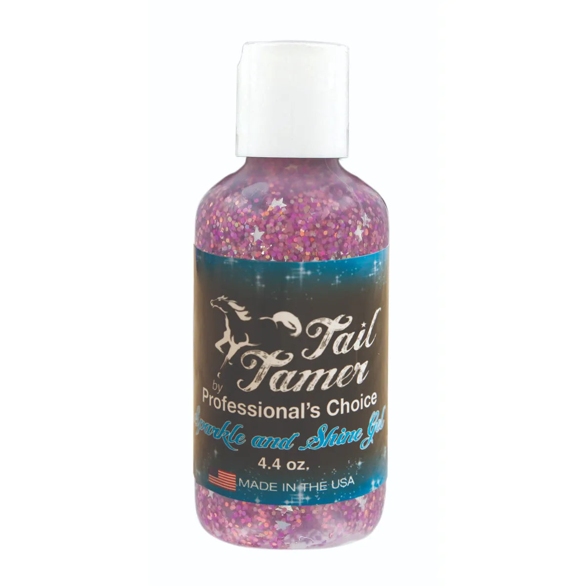 Professional's Choice Tail Tamers Sparkle and Shine Gel for horses in a 4.4 oz bottle with a white flip-top cap. This vibrant pink and purple glitter gel features holographic silver stars, perfect for adding shimmer to a horse's mane and tail. The label shows the Tail Tamer logo with a white horse silhouette and "Made in the USA" with an American flag. Ideal for horse shows, parades, and equestrian grooming.