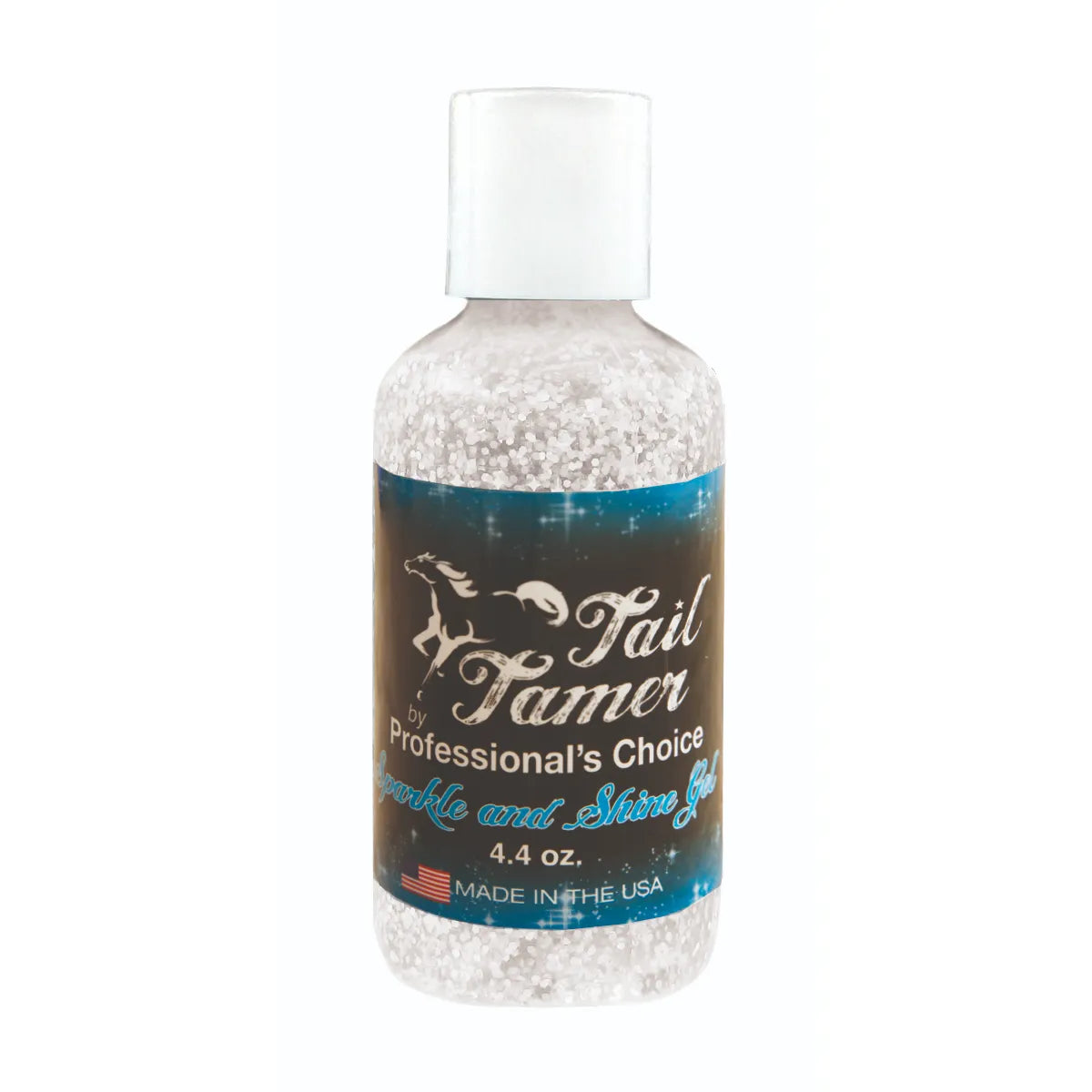 Professional's Choice Tail Tamers Sparkle and Shine Gel for horses in a 4.4 oz clear bottle. This silver glitter grooming gel is designed to add a dazzling iridescent shimmer to horse manes and tails for shows, parades, or fun. The label features a white horse logo and "Made in the USA" text. Ideal for equestrians looking for high-quality mane and tail grooming accessories to make their horse stand out with a long-lasting, sparkly finish.