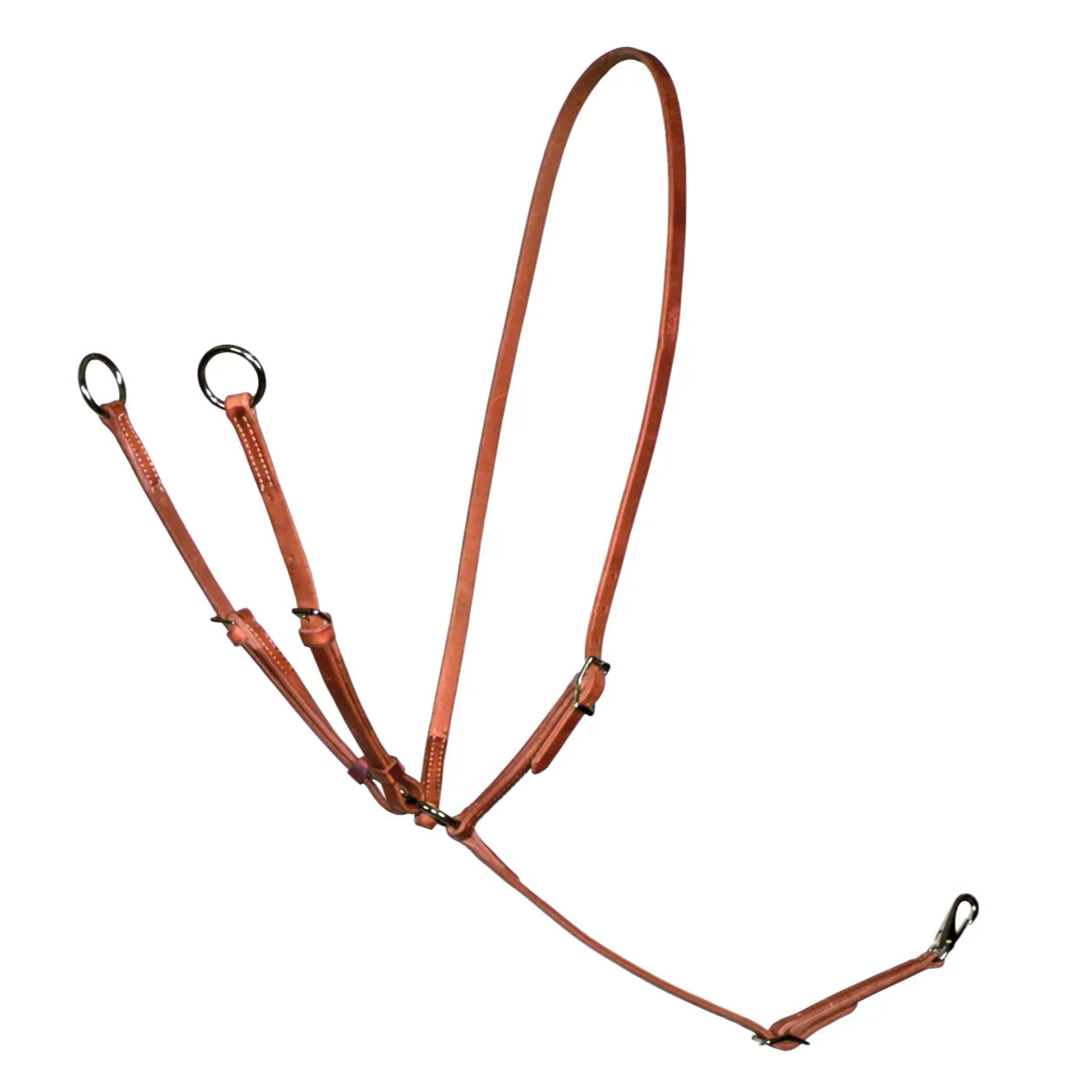 Professional's Choice Texas Training Fork 8054 crafted from premium light oil leather. This western training fork features adjustable straps with silver-tone hardware and rings to guide rein pressure. Includes a durable snap hook for quick cinch attachment. A must-have piece of horse training equipment for improving control and headset, this leather martingale is designed for professional performance and long-lasting durability in western riding.