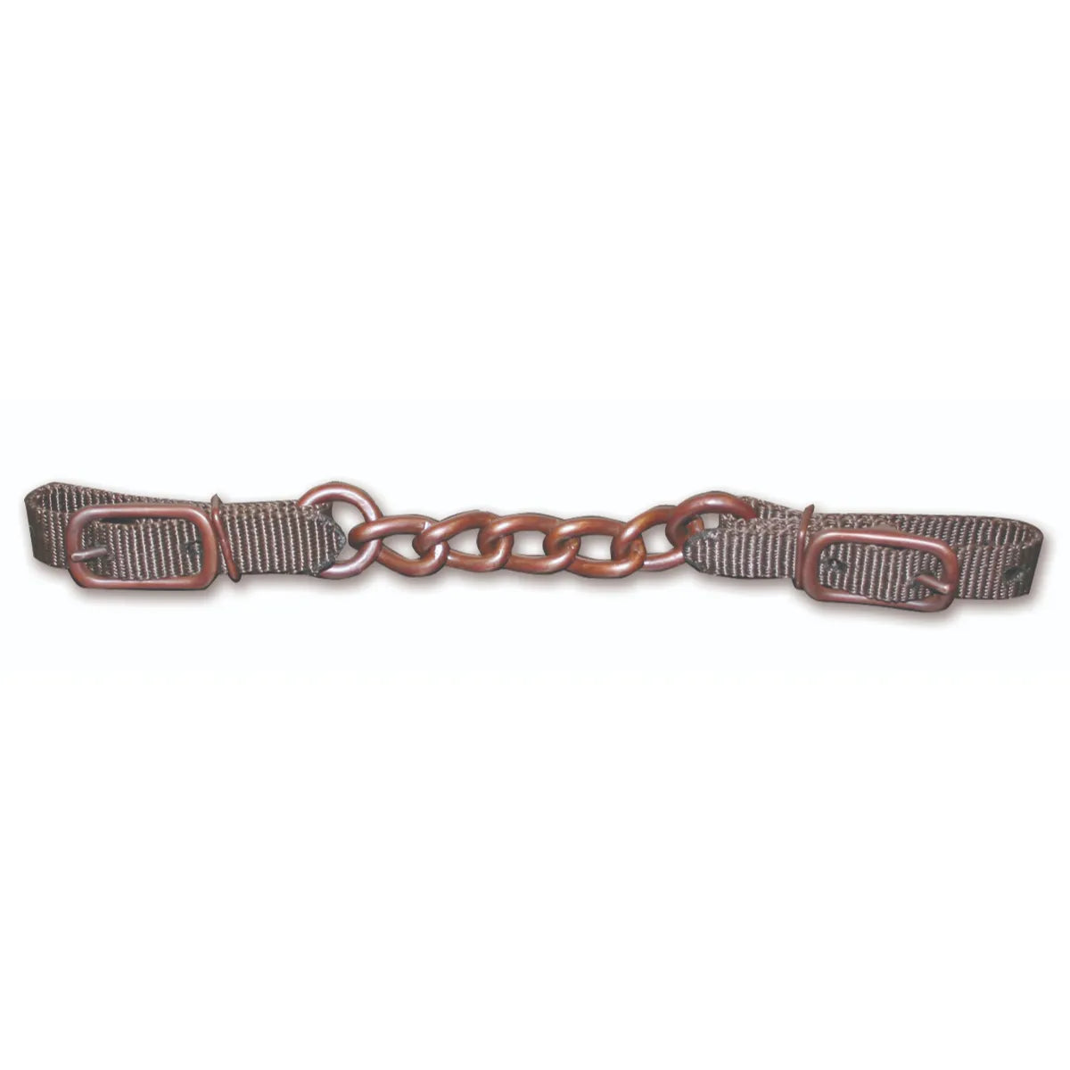 Professional's Choice Bob Avila Collection Equine Curb Strap featuring a durable dark brown nylon strap and a classic rust-finish center chain. This premium western horse tack includes adjustable buckles on both ends for a precise fit on any bit. High-quality equine gear designed for refined communication and style, making it an essential accessory for training or competition.