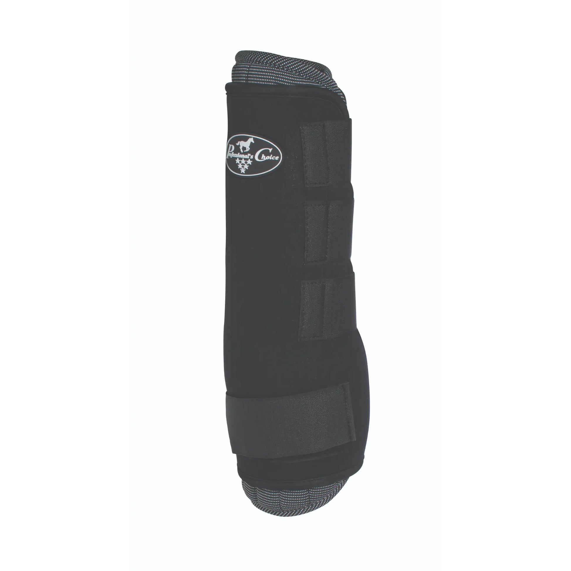 Professional's Choice Theramic Combo Wrap in black, a high-performance horse leg wrap designed to increase circulation and reduce inflammation. Features a ceramic-infused lining for therapeutic support and multiple adjustable hook-and-loop straps for a secure, custom fit. Ideal for equine recovery, reducing swelling, and promoting leg health. Durable design with grey patterned trim and the Professional's Choice logo. Perfect for competition or daily horse care.
