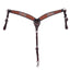 Professional's Choice Tomahawk Breast Collar featuring dark brown leather with exquisite basketweave tooling and hand-painted tan and silver geometric accents. This high-quality Western horse tack includes adjustable tug straps with stainless steel buckles and a convenient cinch snap. Ideal for adding a professional, stylish look to your barrel racing, roping, or performance horse gear.