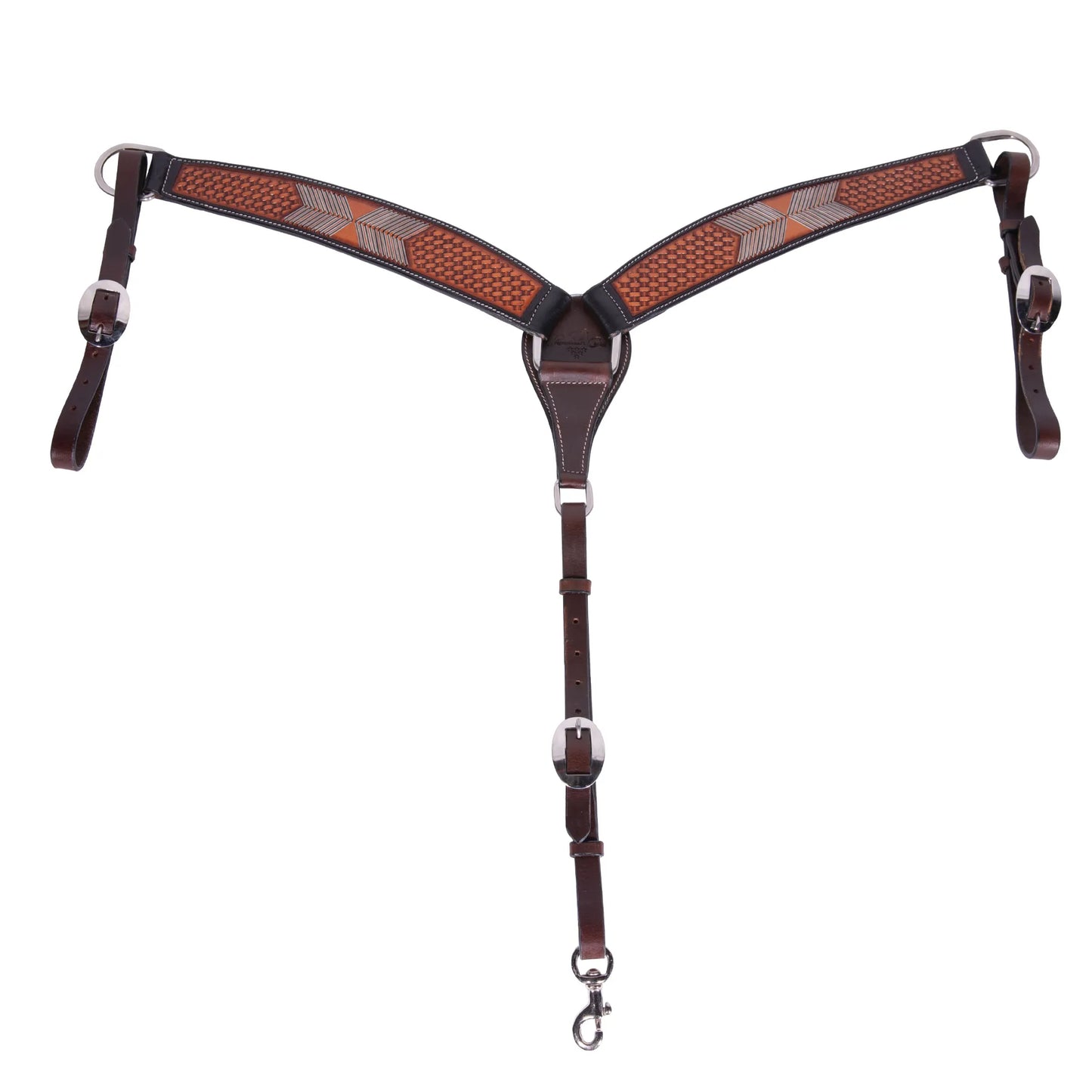 Professional's Choice Tomahawk Breast Collar featuring dark brown leather with exquisite basketweave tooling and hand-painted tan and silver geometric accents. This high-quality Western horse tack includes adjustable tug straps with stainless steel buckles and a convenient cinch snap. Ideal for adding a professional, stylish look to your barrel racing, roping, or performance horse gear.