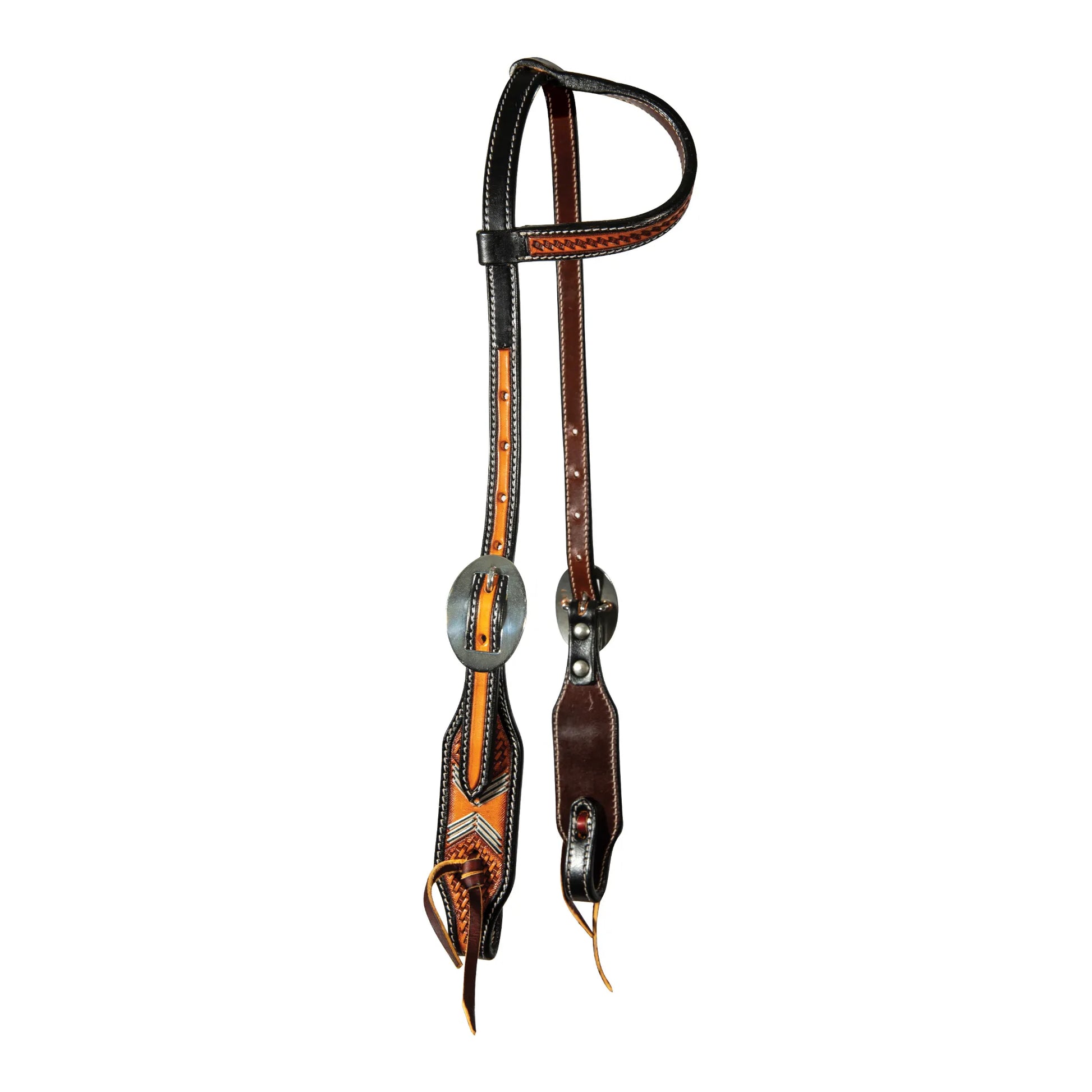 Professional's Choice Tomahawk One-Ear Headstall crafted from doubled and stitched black and tan leather. This premium Western tack features intricate basketweave tooling, decorative rawhide lacing accents, and 5/8” stainless steel buckles. Classic leather lace ties at the bit ends offer a secure, traditional look. Perfect for barrel racing, ranching, or trail riding, this headstall combines performance-grade durability with high-end Western style.
