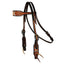 Professional's Choice Tomahawk Western Browband Headstall featuring doubled and stitched black and tan leather with hand-tooled basketweave patterns and rawhide lacing accents. Includes 5/8” stainless steel buckles and lace ties at the bit ends. High-quality equestrian tack perfect for western horse show gear, barrel racing, or trail riding.