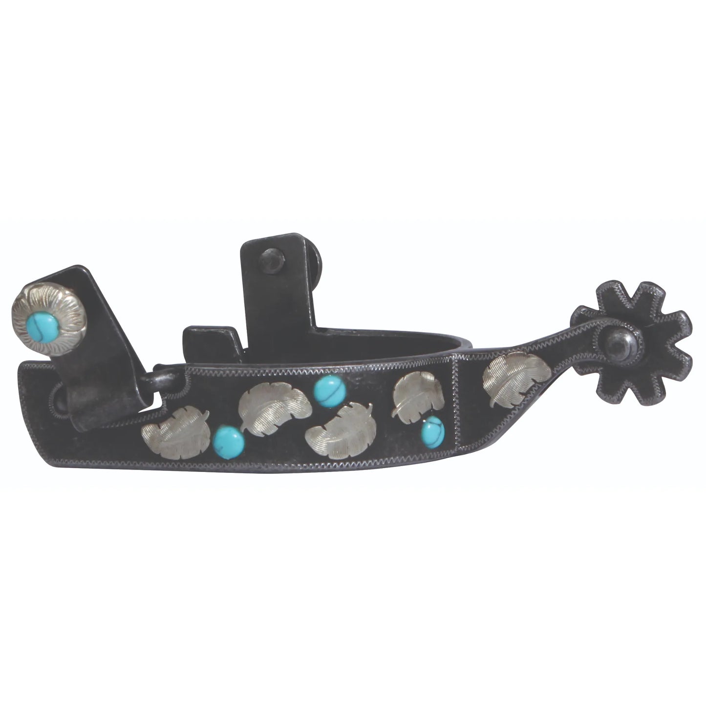 Professional's Choice Turquoise Feather Spur for western riding, featuring a dark blued steel finish with elegant silver feather overlays and small turquoise stone accents. This decorative equestrian spur includes a large star rowel and detailed silver conchos. Perfect for barrel racing or western pleasure, these stylish spurs offer a unique Southwestern flair and premium craftsmanship for horse riders looking for functional cowgirl style.