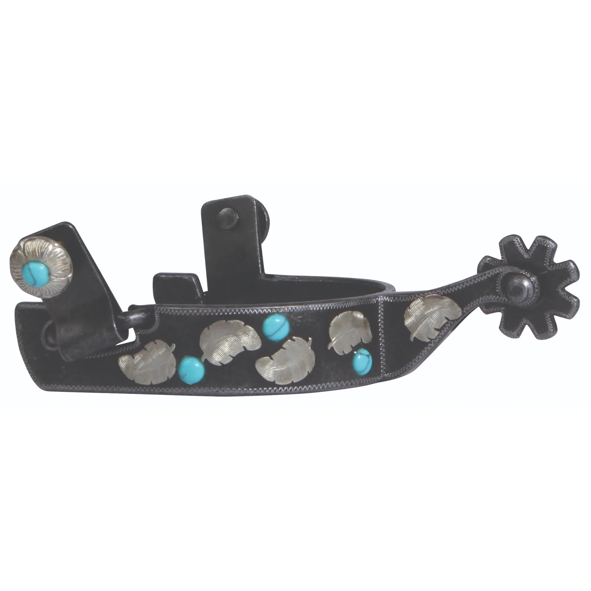 Professional's Choice Turquoise Feather Spur for western riding, featuring a dark blued steel finish with elegant silver feather overlays and small turquoise stone accents. This decorative equestrian spur includes a large star rowel and detailed silver conchos. Perfect for barrel racing or western pleasure, these stylish spurs offer a unique Southwestern flair and premium craftsmanship for horse riders looking for functional cowgirl style.