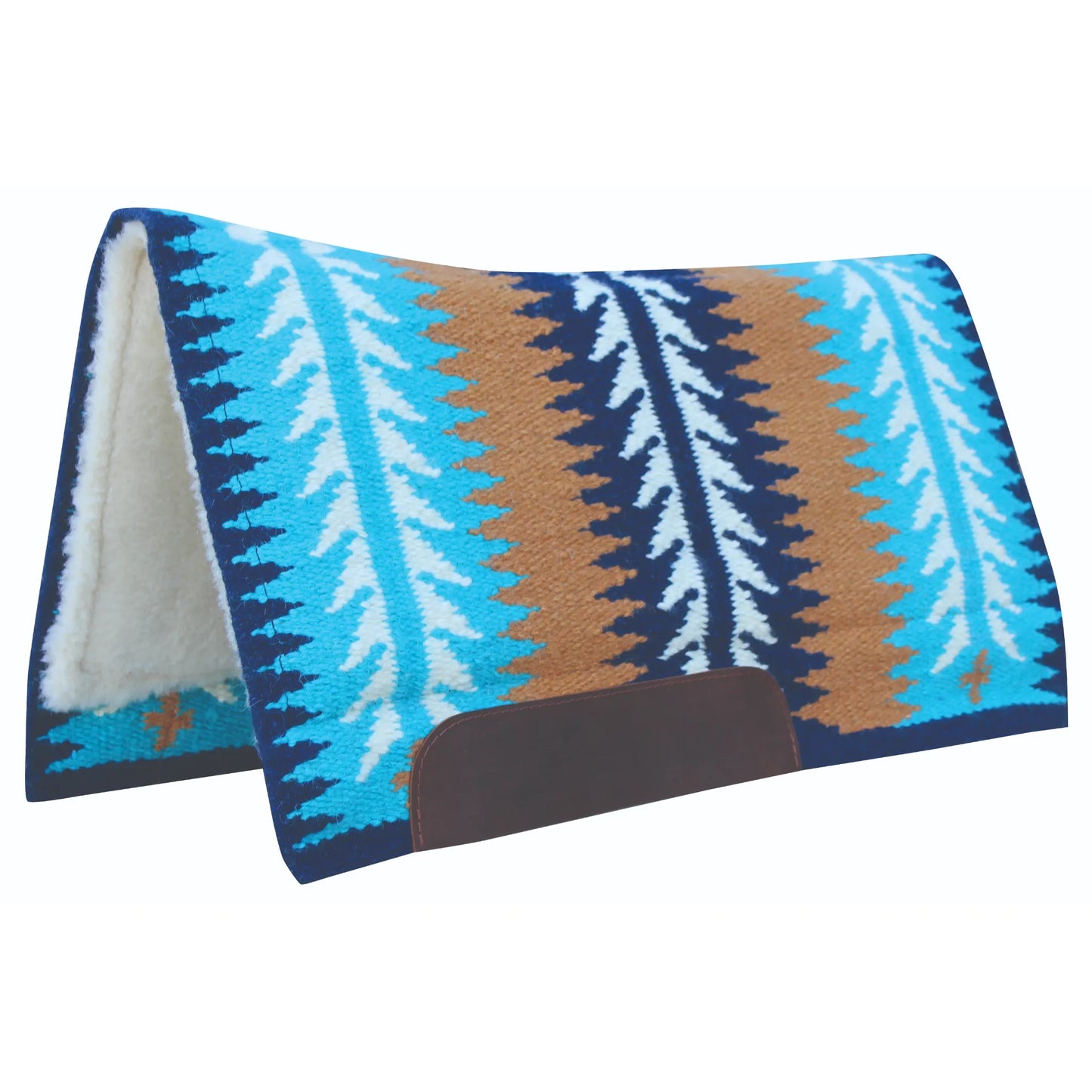 Professional's Choice Ventana Saddle Pad featuring a vibrant Southwestern pattern in turquoise, navy blue, white, and camel brown. Crafted with 100% New Zealand wool, this high-performance Western saddle pad includes a shock-absorbing 1" felt and foam center, moisture-wicking fleece lining, and durable dark brown leather wear leathers. Stylish and functional horse tack perfect for trail riding, ranch work, or western competition.