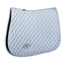 Professional's Choice VenTECH All-Purpose Pony Saddle Pad in classic white. This breathable diamond-quilted cotton pad features a contoured top line for a superior fit and a moisture-wicking black lining. Designed with a secure velcro girth loop and a stylish brand logo, it's the perfect equestrian tack for daily training or horse shows. A must-have for pony riders looking for comfort, durability, and a clean, professional look.