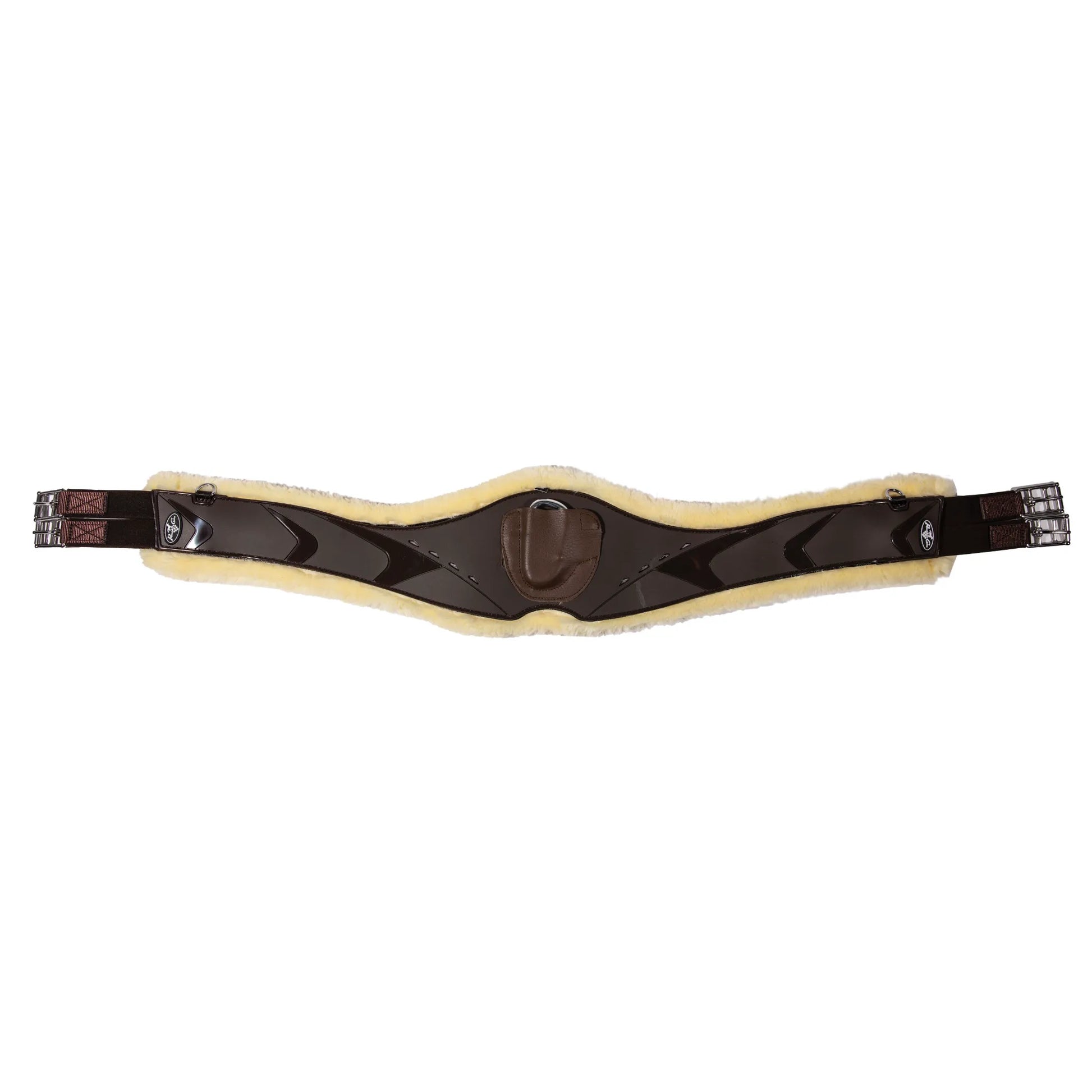 Professional's Choice VenTech Contoured Equestrian Jump Girth in Chocolate brown. This high-performance jumping girth features a plush cream sheepskin lining for horse comfort, an anatomical contoured shape, and glossy dark brown accents. Equipped with stainless steel roller buckles and a central D-ring with a leather cover, it's designed to provide breathability and prevent rubbing during competition or schooling. Ideal horse tack for show jumping and eventing.