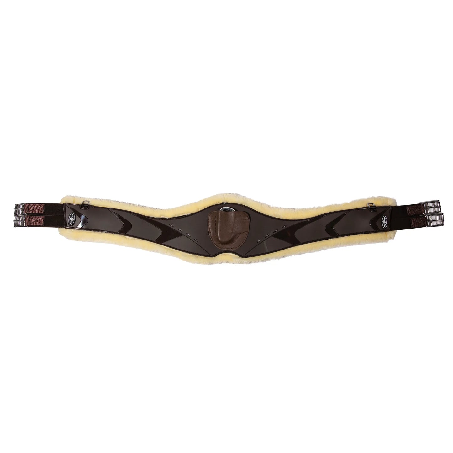 Professional's Choice VenTech Contoured Jump Girth in Chocolate brown with a plush cream sheepskin lining. This anatomical horse girth features a wide center for even pressure distribution, stainless steel roller buckles, and a protective leather flap over the central D-ring for martingale attachments. Designed for comfort and stability, this breathable equestrian girth is perfect for jumping and performance horses.