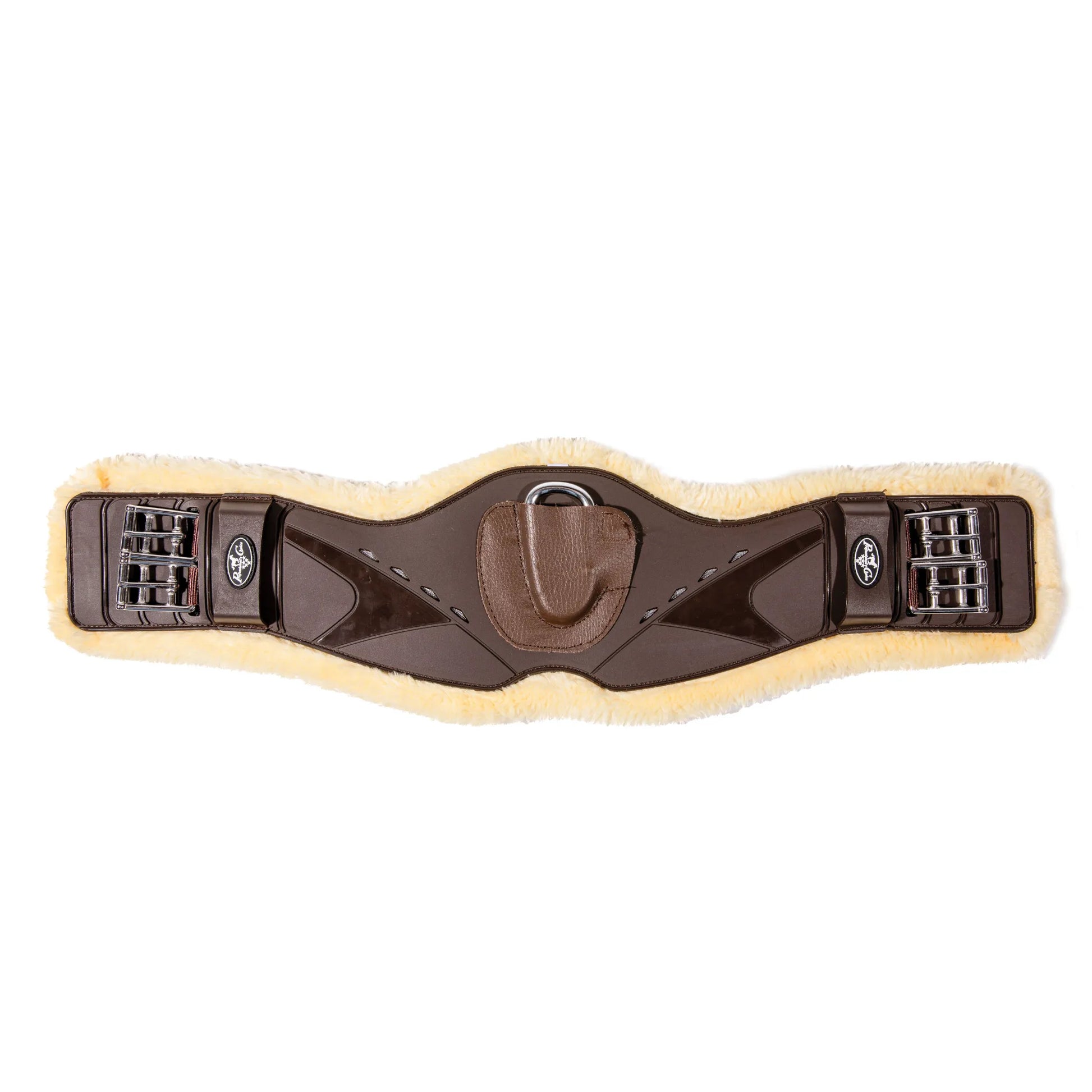 Professional's Choice VenTech Contoured Equestrian Monoflap Girth in Chocolate brown with a plush cream sheepskin lining. This anatomical horse girth features heavy-duty stainless steel roller buckles and a centered D-ring with a protective leather cover. Designed for maximum comfort and freedom of movement, it's the perfect high-performance tack for dressage or jumping enthusiasts seeking style and equine pressure relief. Model #CMGF.