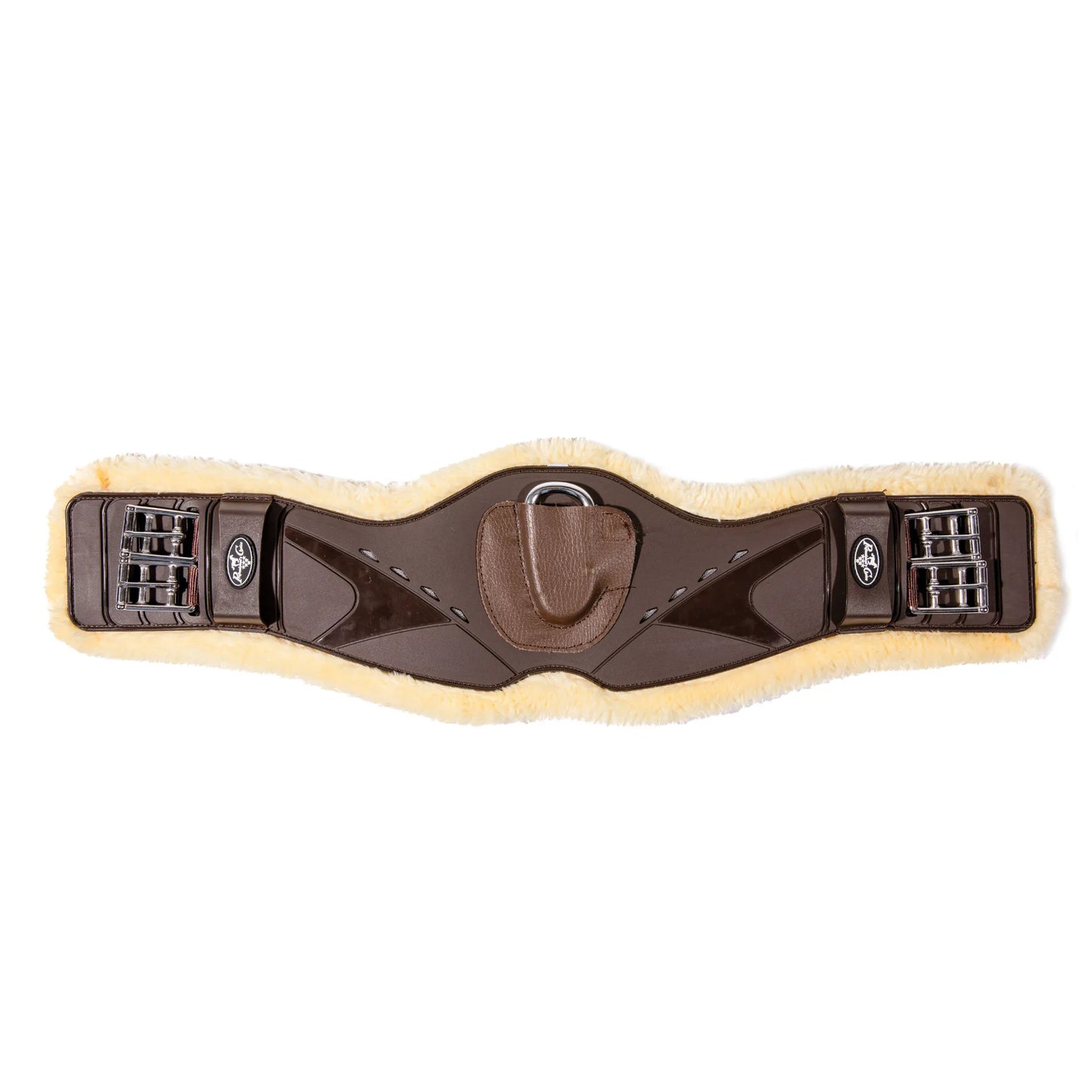 Professional's Choice VenTech Contoured Monoflap Girth in Chocolate brown with a plush cream fleece lining. This anatomical horse girth features a shaped design for maximum comfort and freedom of movement. Includes breathable VenTech technology, stainless steel roller buckles, and a central D-ring for training attachments. Perfect for monoflap jumping or dressage saddles, providing a secure and breathable fit for your horse.