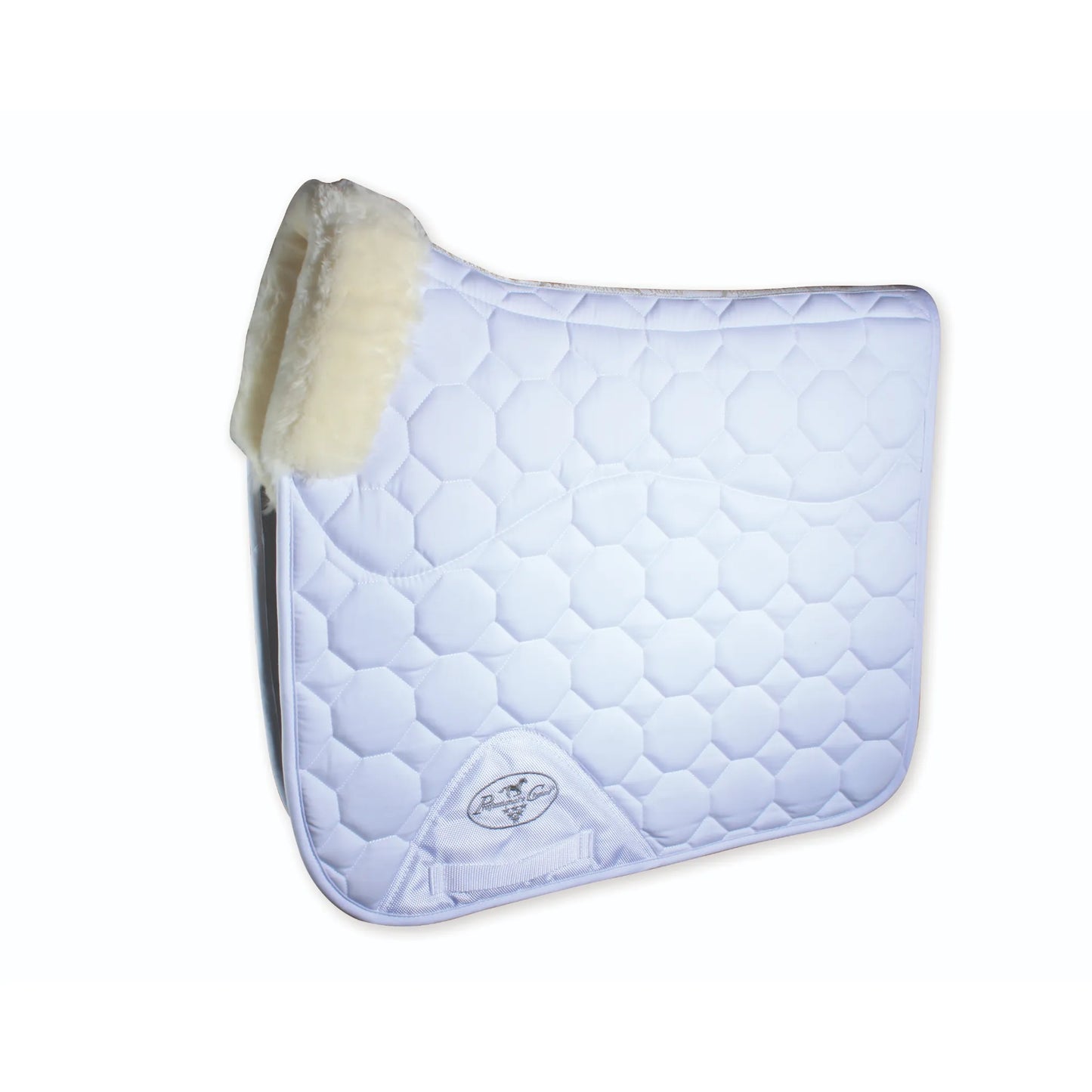 White Professional's Choice VenTECH Dressage Saddle Pad featuring a breathable hexagonal quilted design and plush cream-colored faux shearling lining at the wither for horse comfort. This universal size equestrian pad includes durable webbed D-ring straps and a reinforced girth area with a professional logo. Perfect for dressage training or competition, the classic white finish provides a clean, elegant look for any horse and rider.
