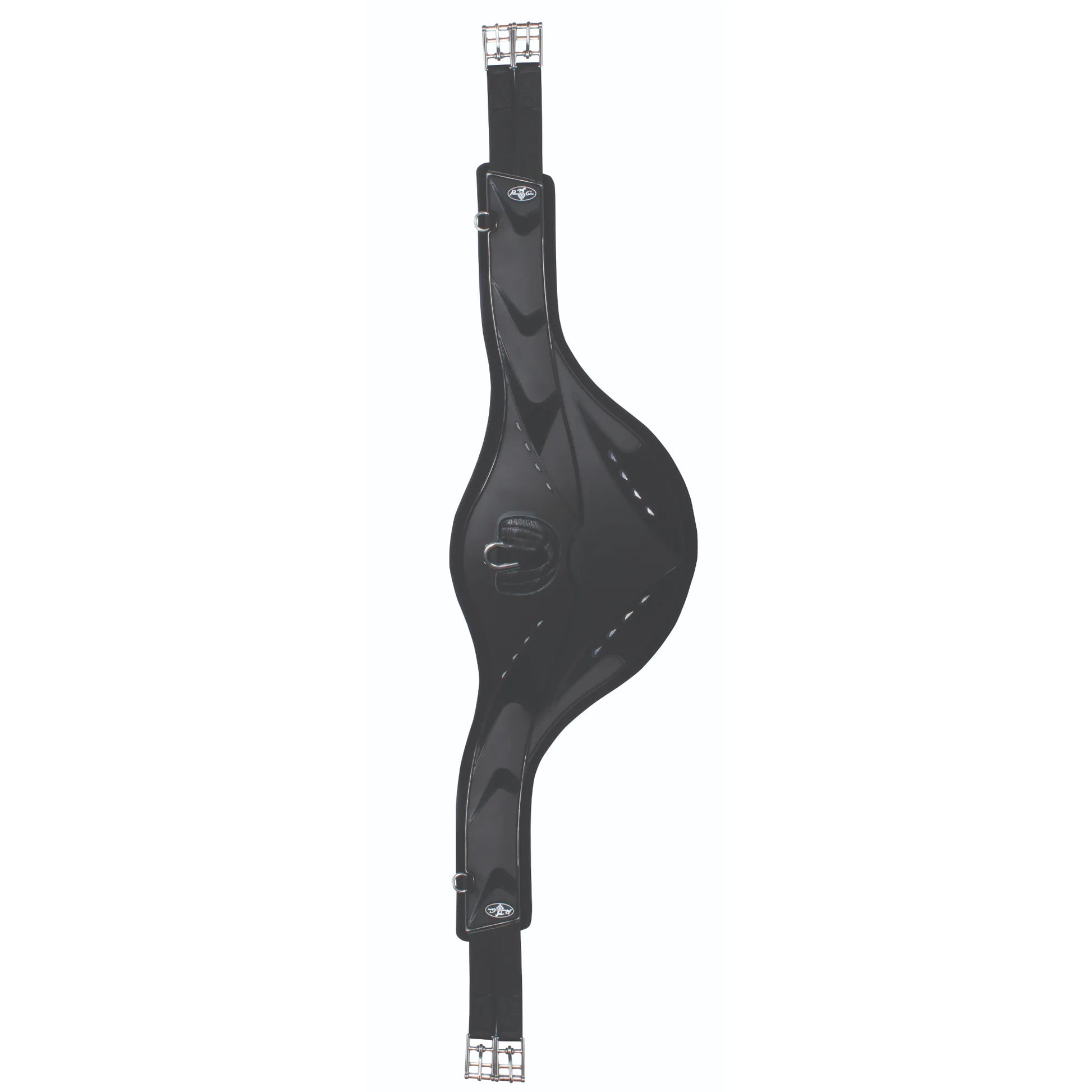 Professional's Choice VenTECH Jump Girth with Belly Guard in sleek black. This anatomically shaped English girth features a wide stud guard for belly protection, breathable non-slip lining, and stainless steel roller buckles. The contoured design ensures maximum horse comfort and freedom of movement during jumping. Ideal for equestrians looking for high-performance horse tack with integrated safety features and D-rings for training aid attachments.
