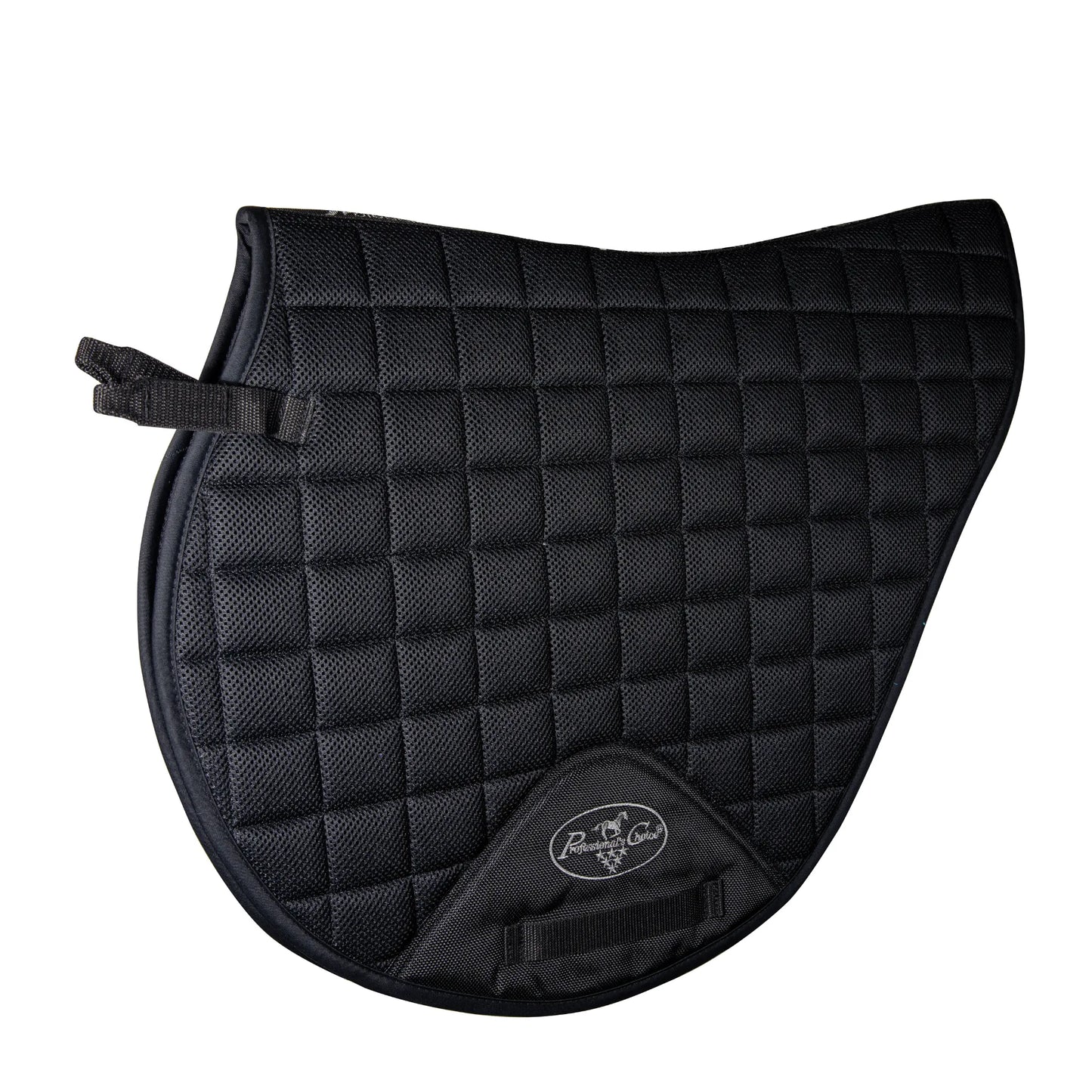 Professional's Choice VenTECH Mesh Cross Country (XC) Horse Saddle Pad in black. This breathable, lightweight quilted pad features a contoured design for superior wither clearance and moisture-wicking VenTECH material. Equipped with reinforced girth loops and adjustable billet straps, it’s designed for high-performance equestrian cross-country riding and eventing. Sleek, durable, and engineered for maximum airflow to keep your horse cool and comfortable.