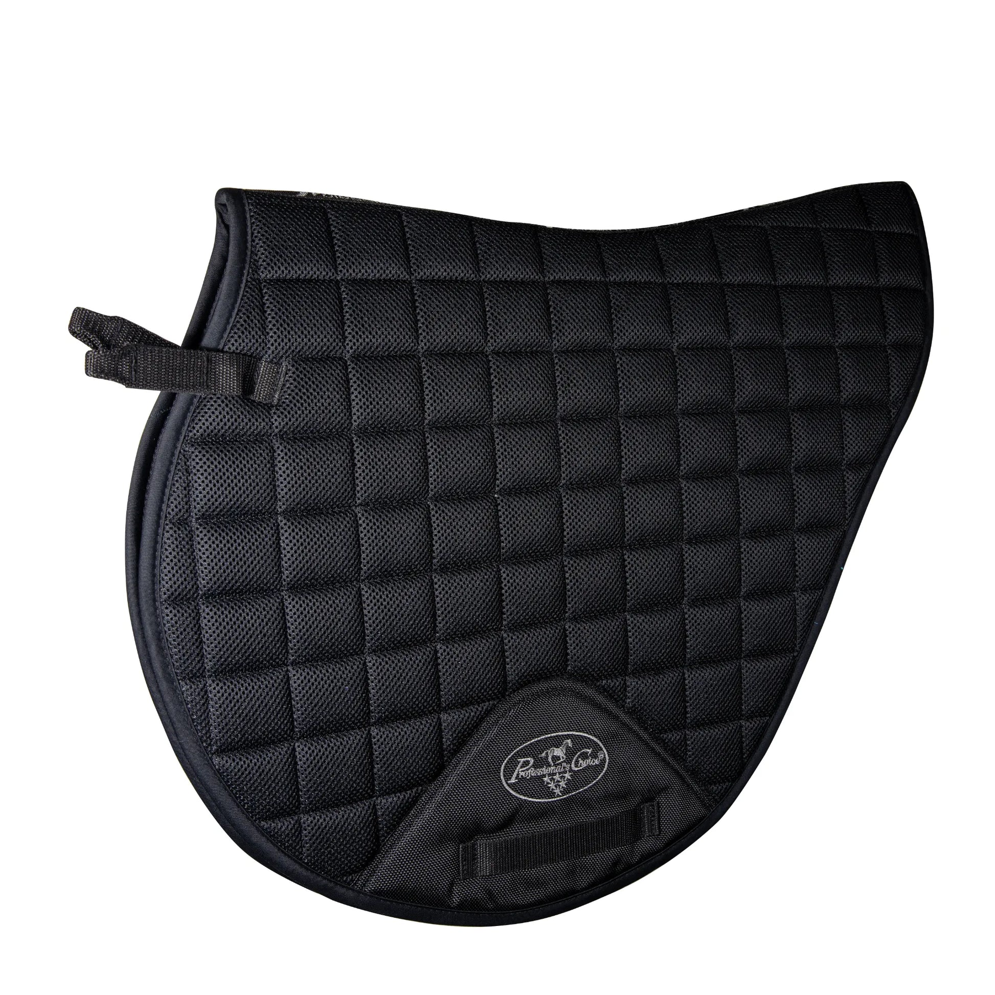 Professional's Choice VenTECH Mesh Cross Country (XC) Horse Saddle Pad in black. This breathable, lightweight quilted pad features a contoured design for superior wither clearance and moisture-wicking VenTECH material. Equipped with reinforced girth loops and adjustable billet straps, it’s designed for high-performance equestrian cross-country riding and eventing. Sleek, durable, and engineered for maximum airflow to keep your horse cool and comfortable.