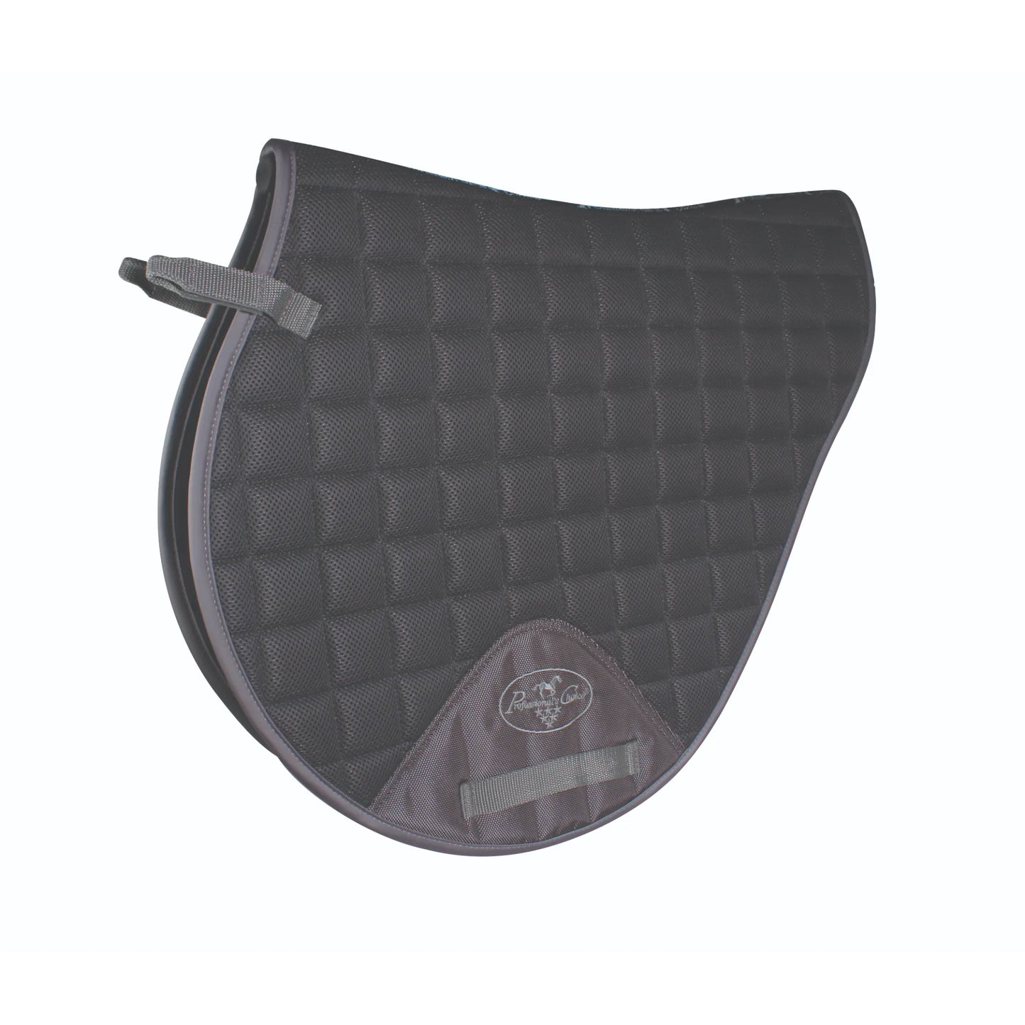 Professional's Choice VenTECH Mesh Cross Country (XC) Horse Saddle Pad in charcoal grey. This high-performance equestrian gear features a breathable quilted mesh fabric for maximum cooling. Designed with a forward-cut shape perfect for jumping, it includes secure billet straps and a reinforced girth patch with the Professional's Choice logo. A sleek, professional choice for riders seeking a lightweight, moisture-wicking saddle pad for intense cross country training.