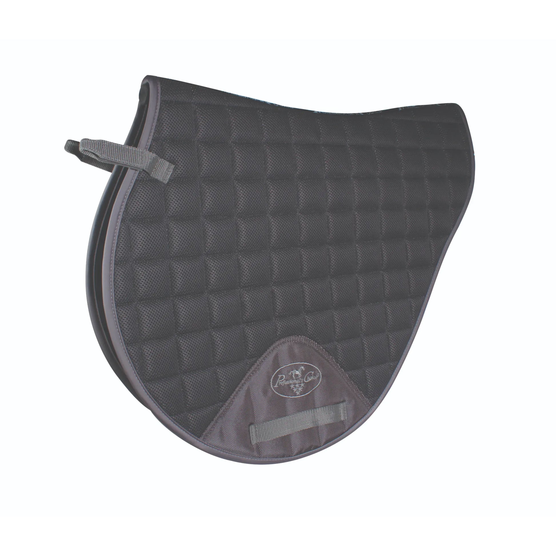 Professional's Choice VenTECH Mesh Cross Country (XC) Horse Saddle Pad in charcoal grey. This high-performance equestrian gear features a breathable quilted mesh fabric for maximum cooling. Designed with a forward-cut shape perfect for jumping, it includes secure billet straps and a reinforced girth patch with the Professional's Choice logo. A sleek, professional choice for riders seeking a lightweight, moisture-wicking saddle pad for intense cross country training.