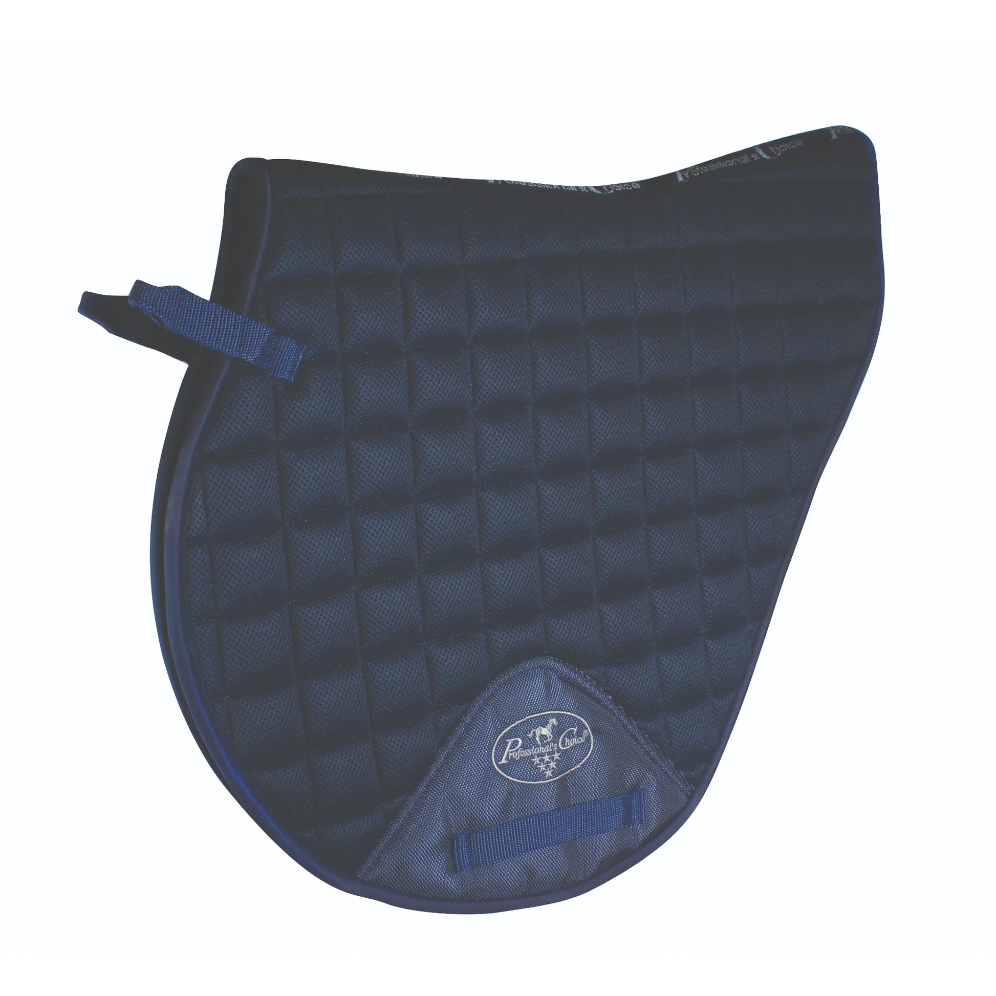 Professional’s Choice VenTECH Mesh Cross Country (XC) Horse Saddle Pad in navy blue. Features a breathable, moisture-wicking quilted mesh design and a contoured, forward-cut shape ideal for jumping. This high-performance equestrian gear includes reinforced girth patches with the Professional’s Choice logo and durable billet straps for a secure fit. A sleek, professional choice for competitive cross country riding, jumping training, and horse shows.