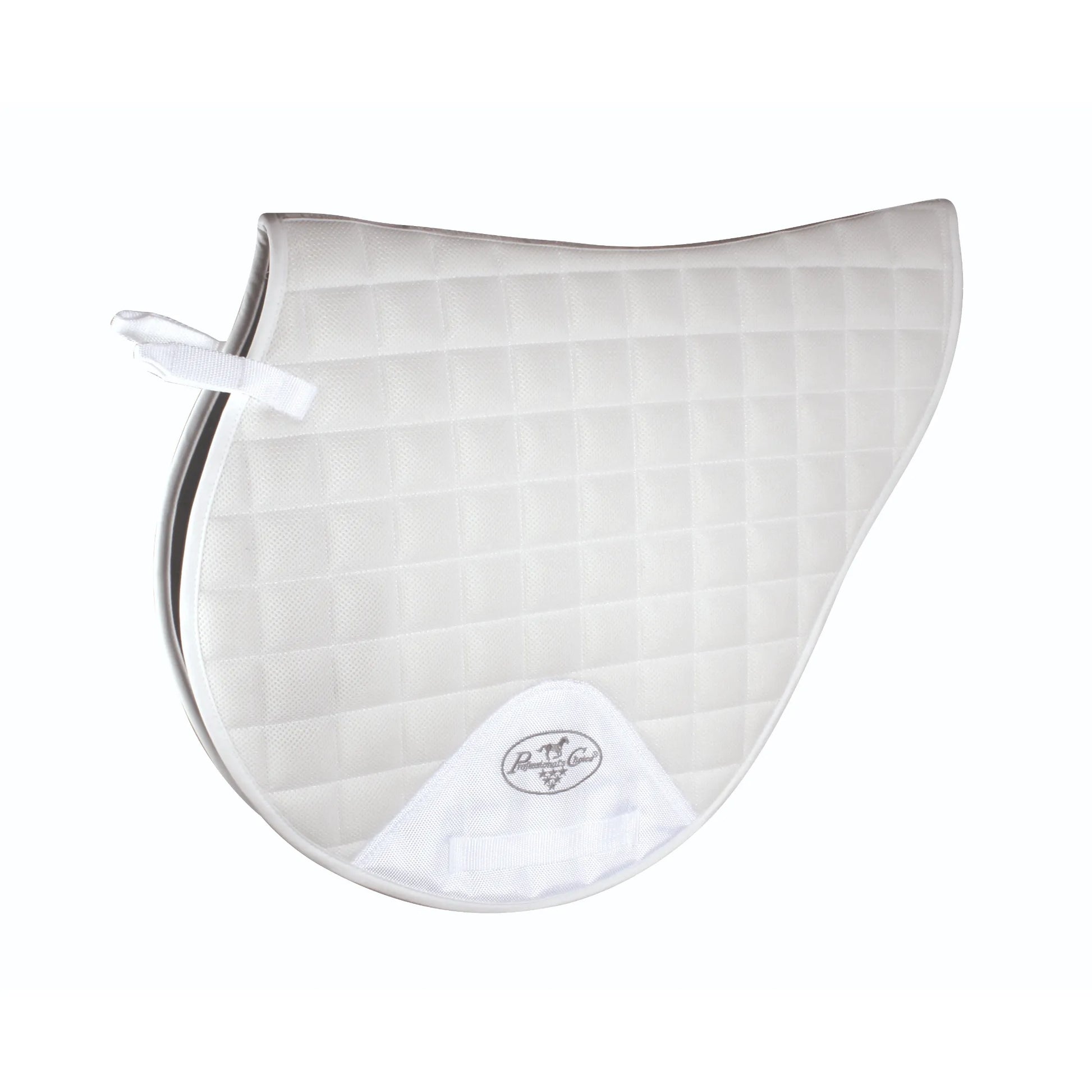 White Professional's Choice VenTECH Mesh Cross Country (XC) horse saddle pad with a breathable quilted design and contoured shape. This high-performance equestrian gear features non-slip VenTECH technology, durable billet and girth straps, and a reinforced patch with the brand logo. A classic white XC pad ideal for eventing competitions, show jumping, and schooling.