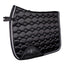 Professional's Choice VenTECH Satin Dressage Saddle Pad in black, featuring a luxurious satin sheen and modern hexagon quilting. This high-performance equestrian accessory includes elegant silver braided piping, reinforced girth protection with the brand logo, and breathable moisture-wicking lining. A stylish and functional addition to any horse tack collection, perfect for dressage riders seeking a sleek, professional look in the arena.