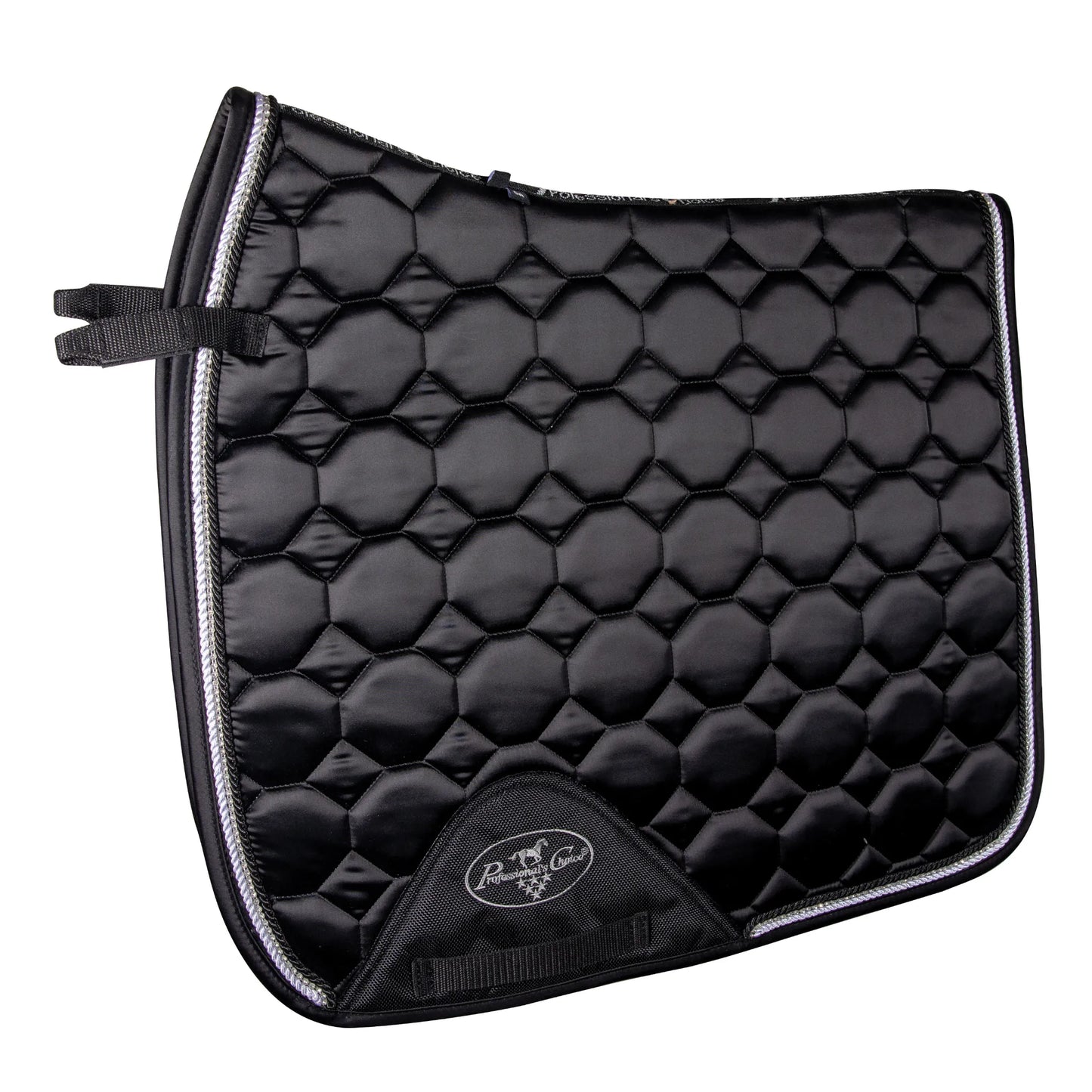 Professional's Choice VenTECH Satin Dressage Saddle Pad in black, featuring a luxurious satin sheen and modern hexagon quilting. This high-performance equestrian accessory includes elegant silver braided piping, reinforced girth protection with the brand logo, and breathable moisture-wicking lining. A stylish and functional addition to any horse tack collection, perfect for dressage riders seeking a sleek, professional look in the arena.