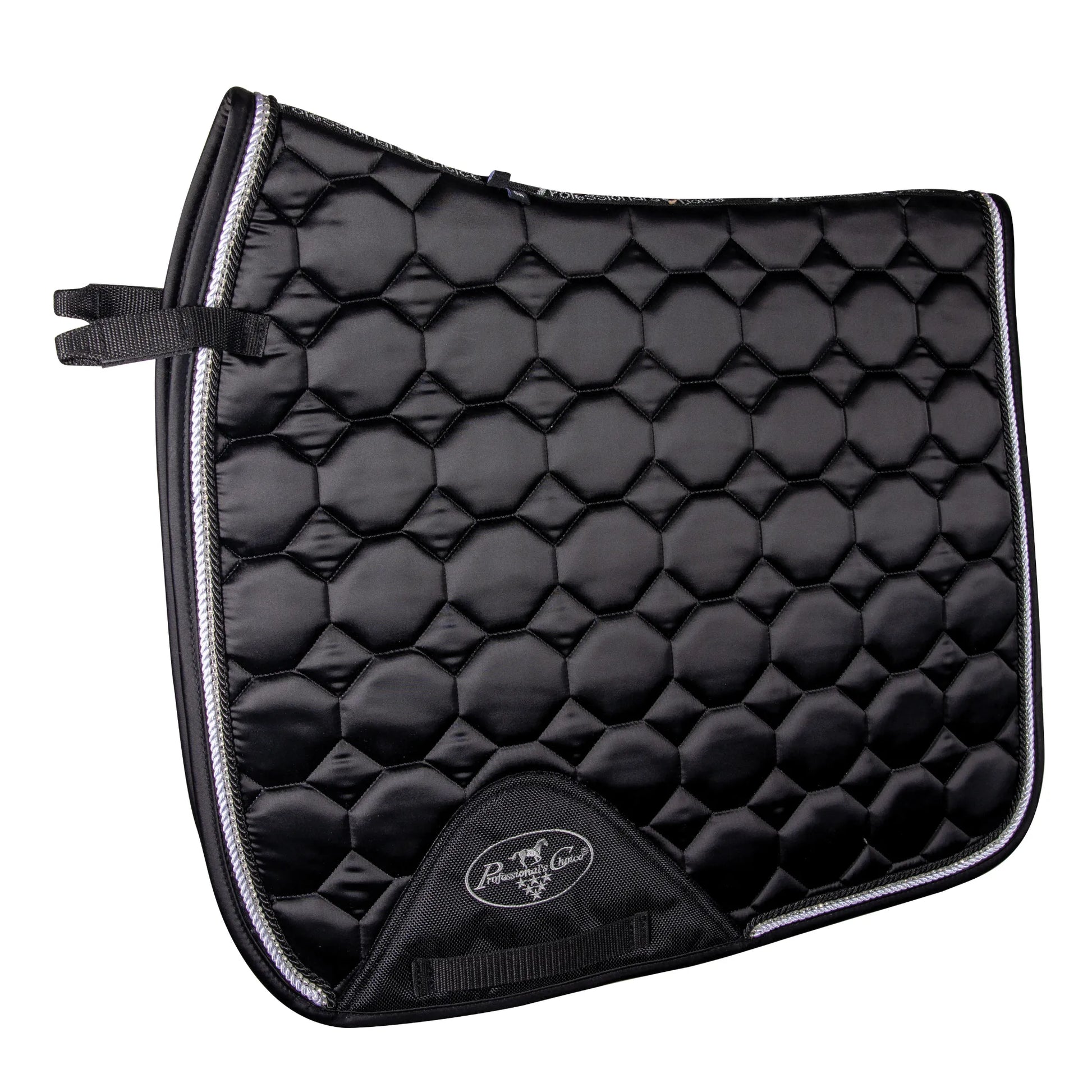 Professional's Choice VenTECH Satin Dressage Saddle Pad in black, featuring a luxurious satin sheen and modern hexagon quilting. This high-performance equestrian accessory includes elegant silver braided piping, reinforced girth protection with the brand logo, and breathable moisture-wicking lining. A stylish and functional addition to any horse tack collection, perfect for dressage riders seeking a sleek, professional look in the arena.