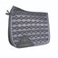 Professional's Choice VenTECH Satin Dressage Saddle Pad in charcoal grey. This elegant equestrian accessory features a quilted hexagonal pattern on shimmering satin fabric with silver metallic piping. Designed for horse comfort with a high wither profile and breathable VenTECH technology. Ideal for dressage training and competition, showing off a sophisticated sheen and professional finish.