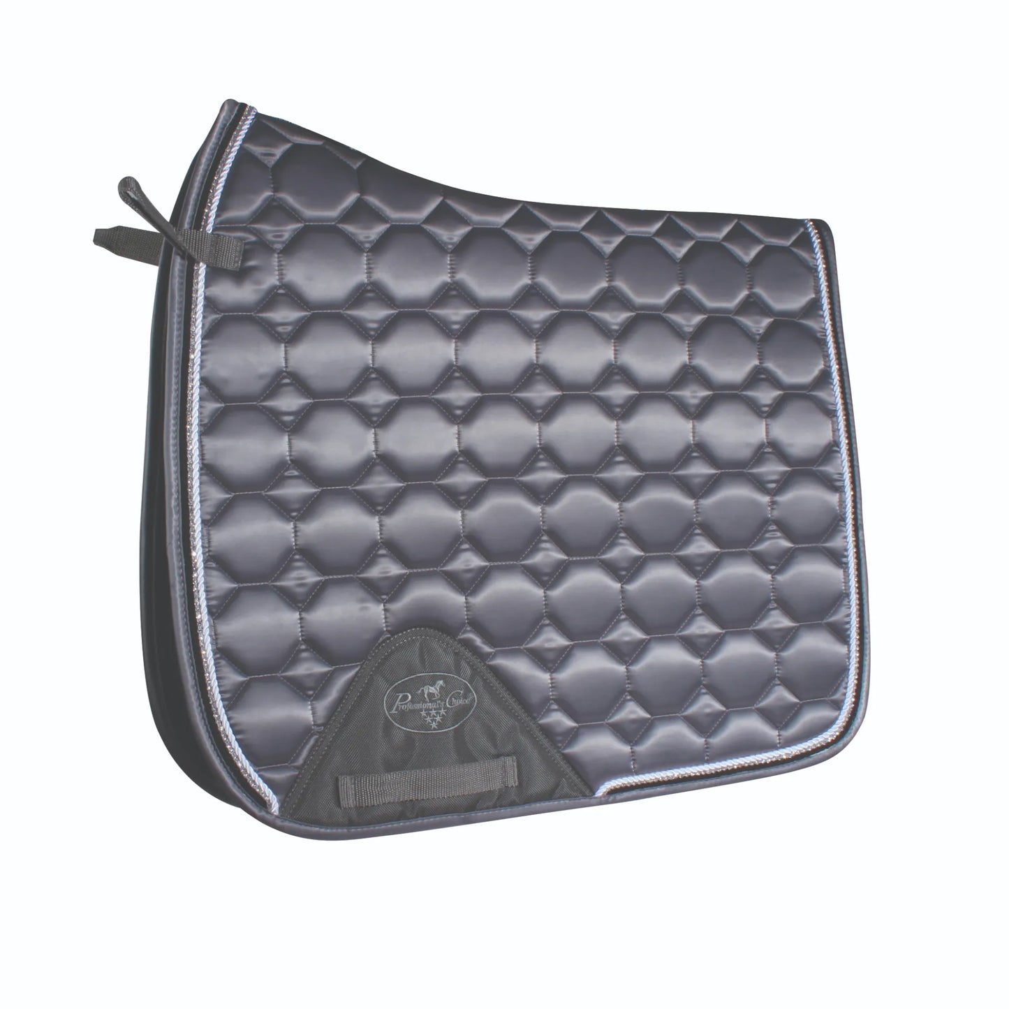 Professional's Choice VenTECH Satin Dressage Saddle Pad in charcoal grey. This elegant equestrian accessory features a quilted hexagonal pattern on shimmering satin fabric with silver metallic piping. Designed for horse comfort with a high wither profile and breathable VenTECH technology. Ideal for dressage training and competition, showing off a sophisticated sheen and professional finish.